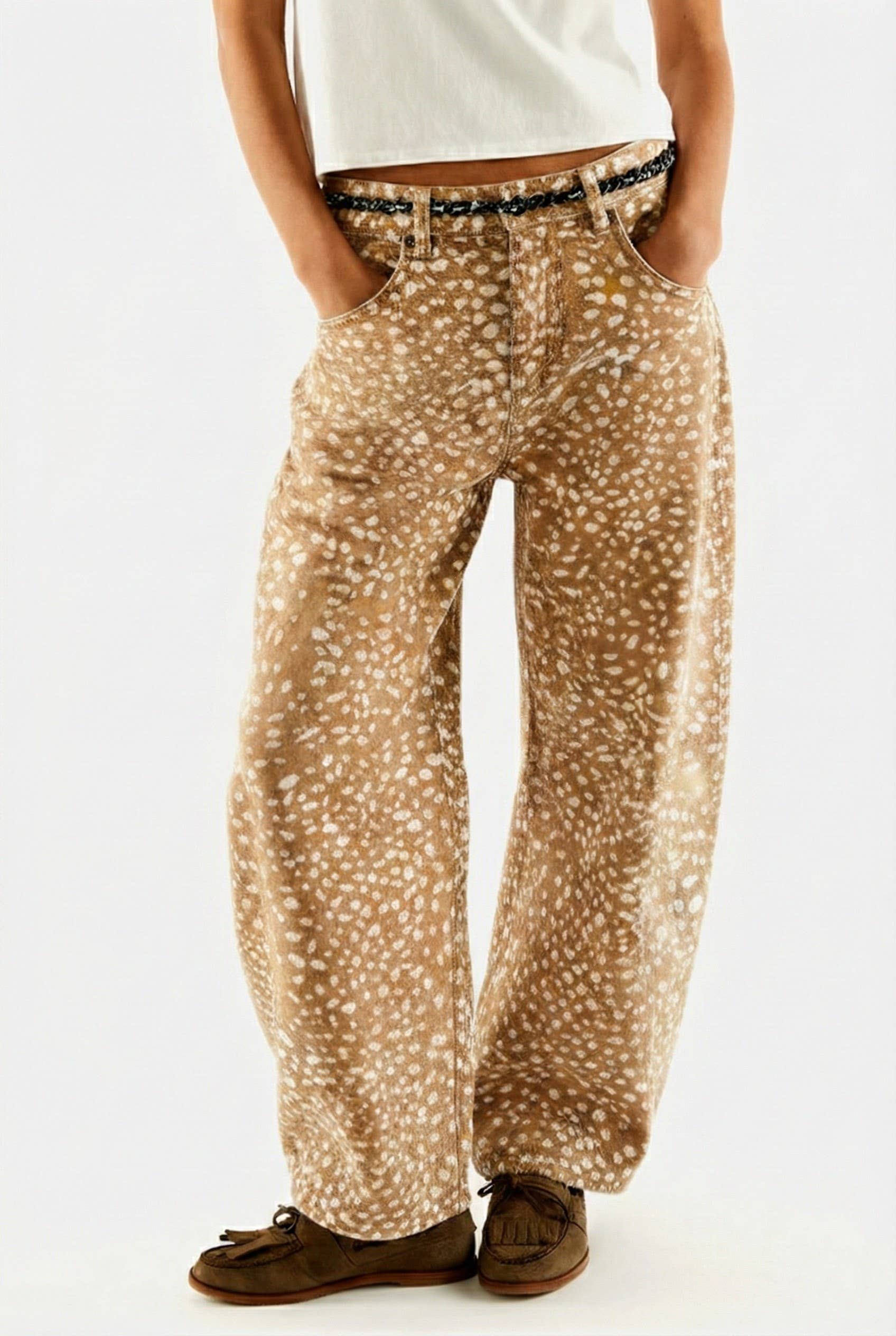 Urban Daizy Fawn Spot Print Wide Leg Denim Pants Khaki Jeans - Women's (UDPT0172-Khaki)