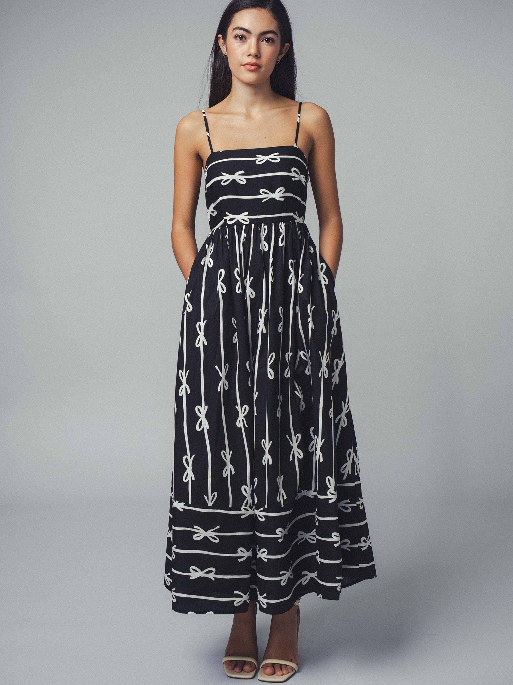 Sweet Ribbon Stripe Bow Print Smocked Back Maxi Dress