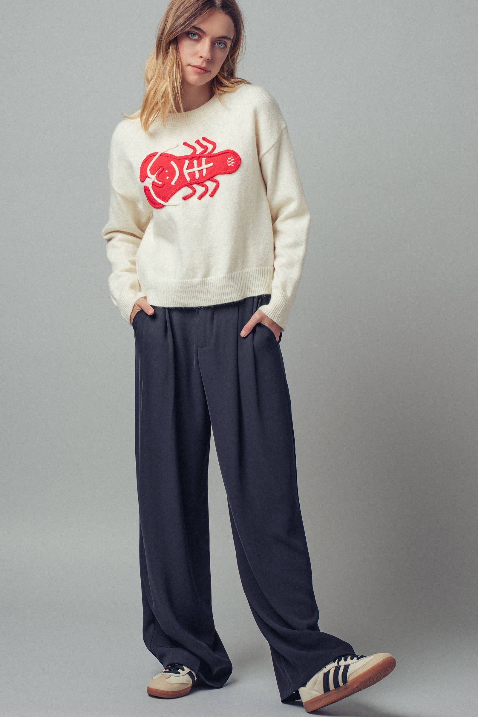 Urban Daizy Embroidered Red Lobster Nautical Statement Sweater Ivory Knit Sweater - Women's (UDZ-KN-00600) – alternate…