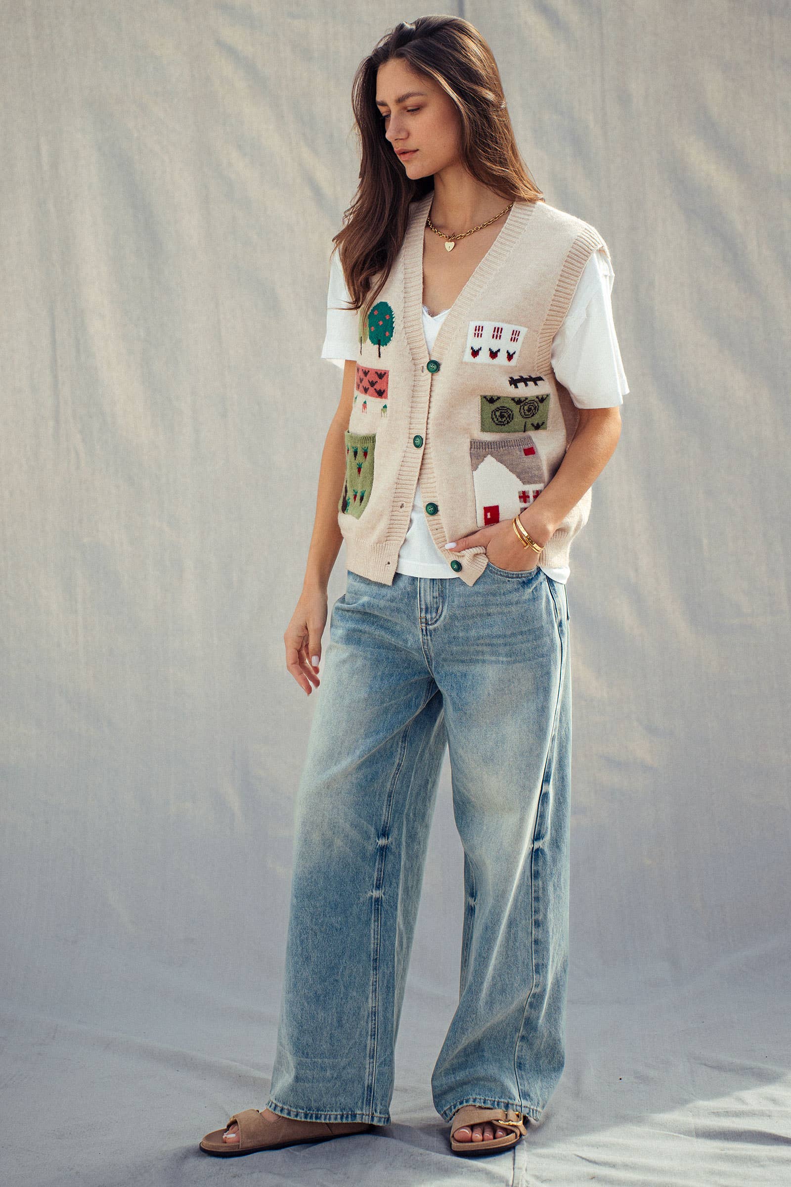 Urban Daizy Boho Graphic Knit Vest with Patch Pockets Oatmeal Sweater Vest - Women's (UDZ-KN-01039) – alternate view 16