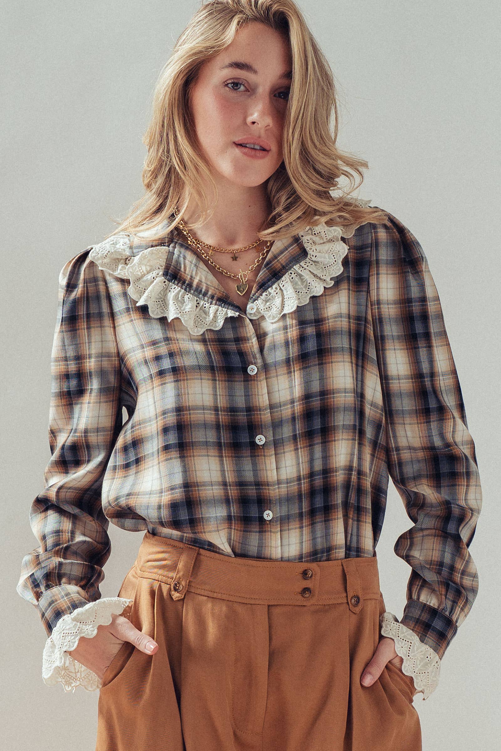 Tencel Plaid Blouse With Eyelet Lace Collar