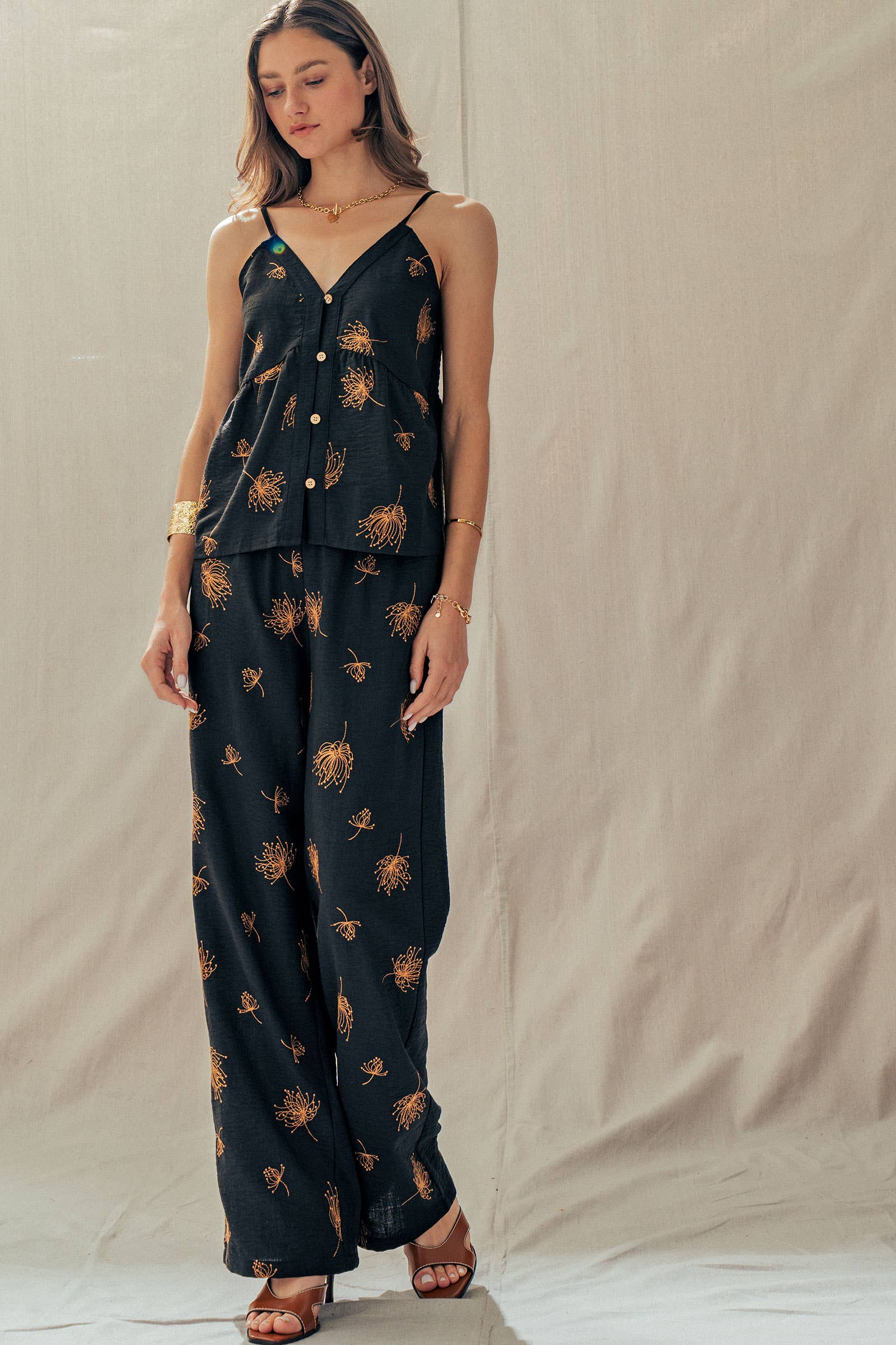 Floral Button-Front Linen Blend Cami Top