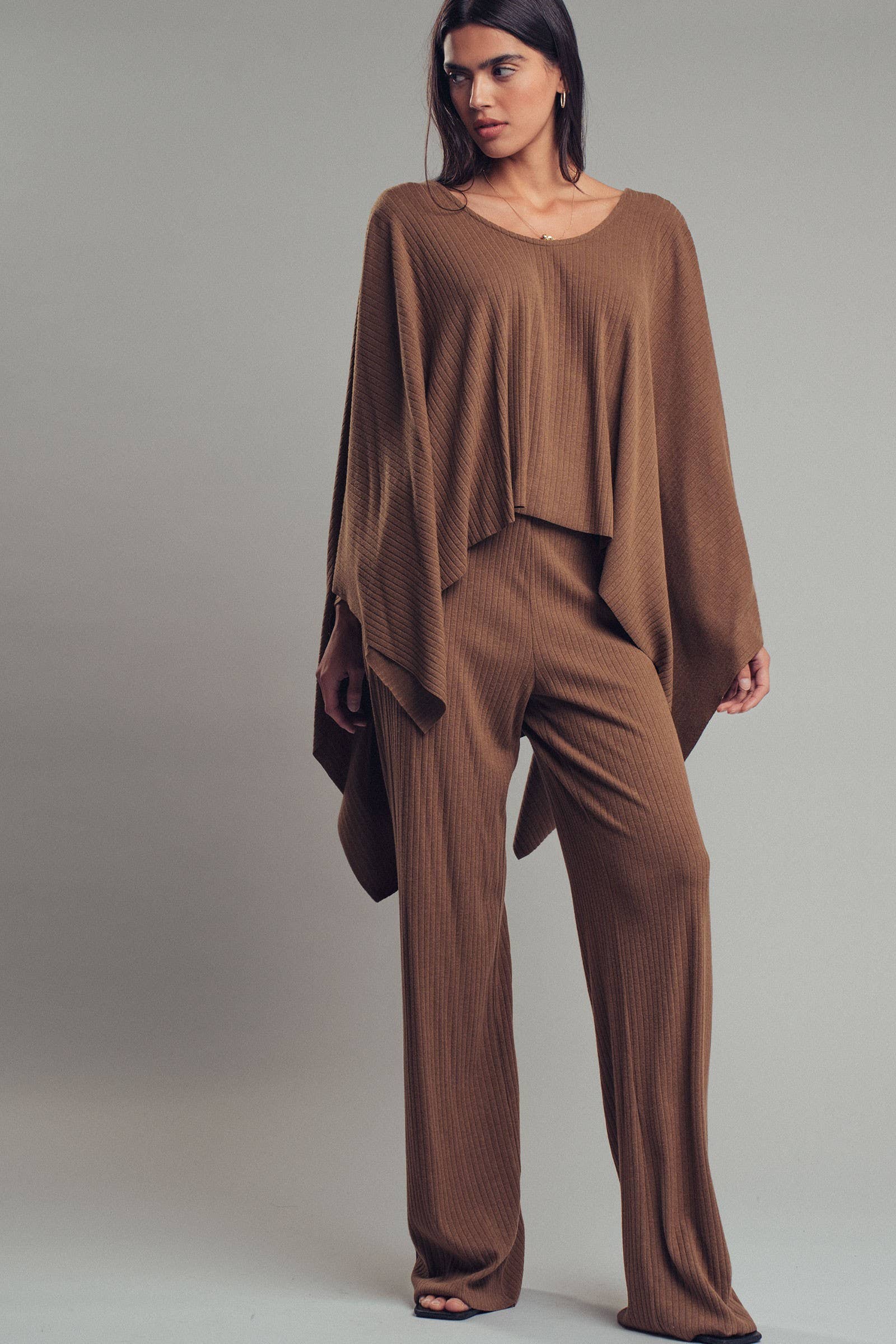 Ribbed Knit Poncho and Pants Set