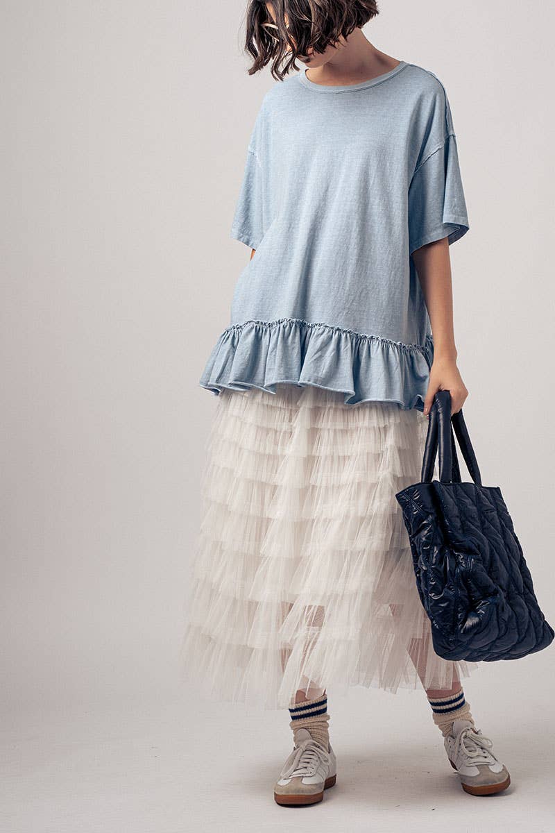 Casual Drop Shoulder Ruffle Hem Exposed Stitch Crew Neck Top