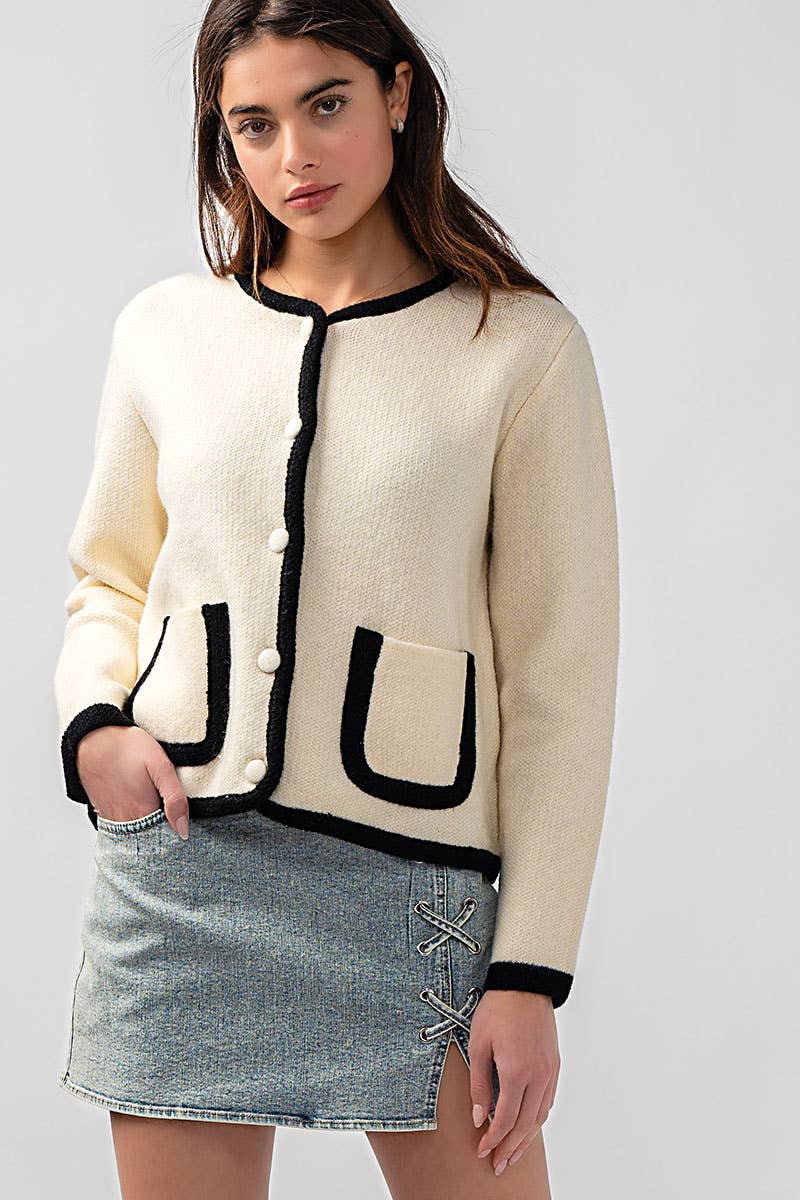 Urban Daizy Classic Contrast Trim Patch Pocket Cardigan Ivory Cardigan - Women's (UDZ-KN-00363) – alternate view 2