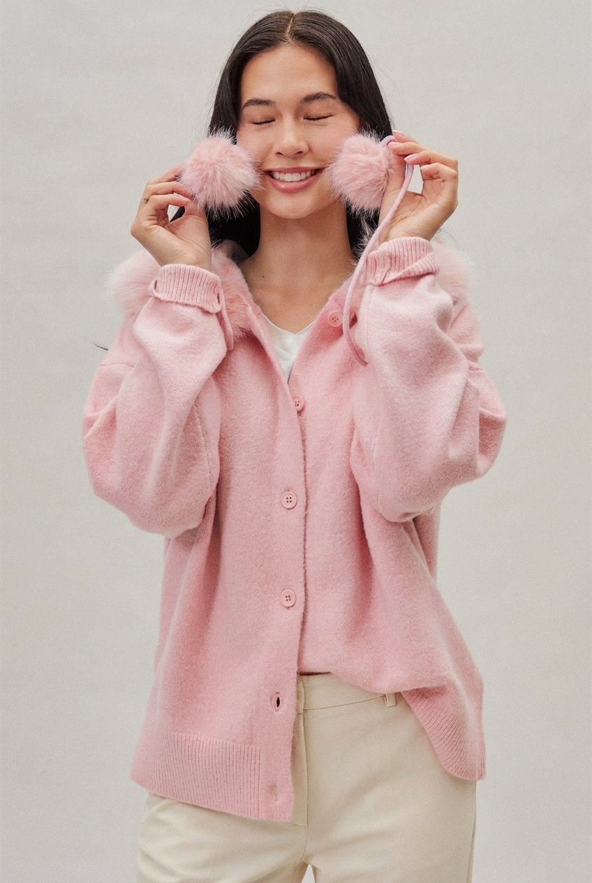 Faux Fur Hood Pom Pom Knit Cardigan