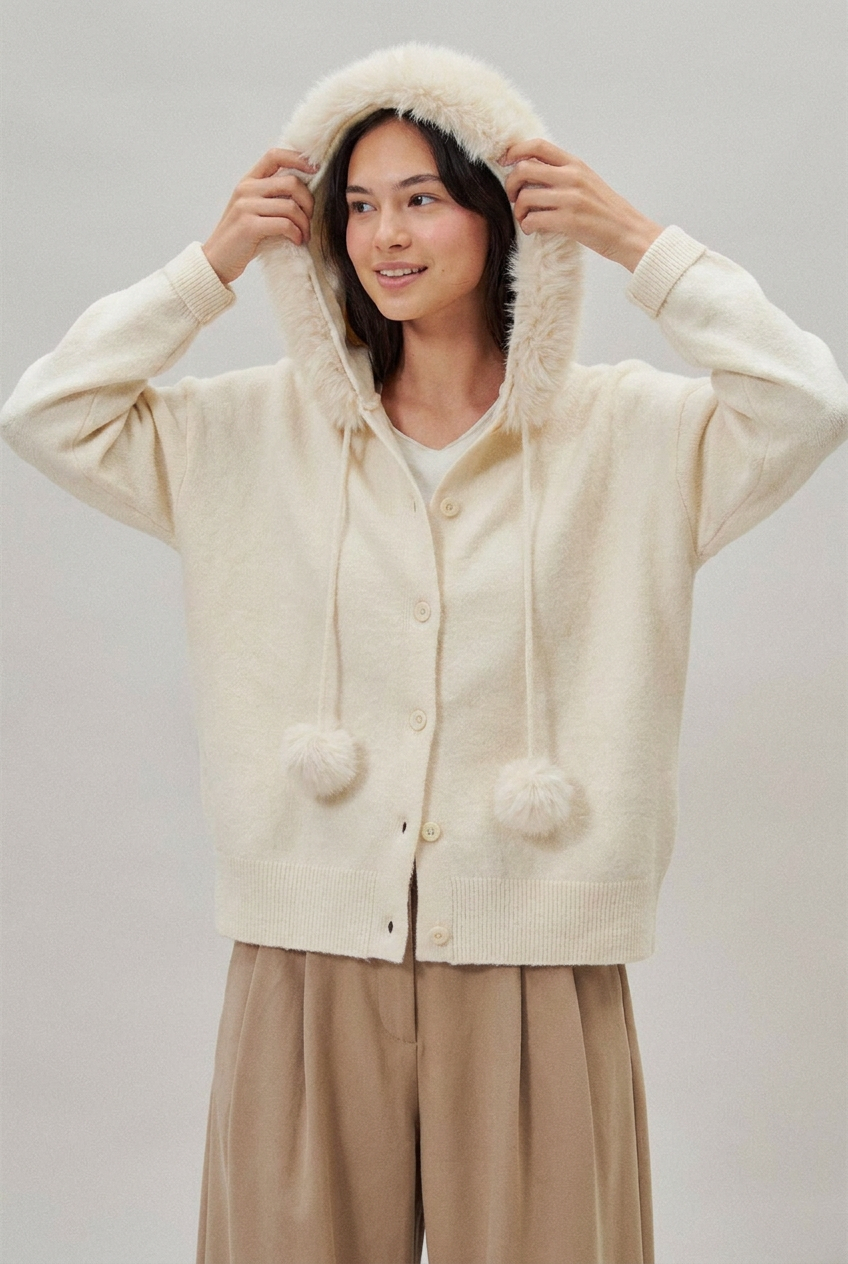 Faux Fur Hood Pom Pom Knit Cardigan