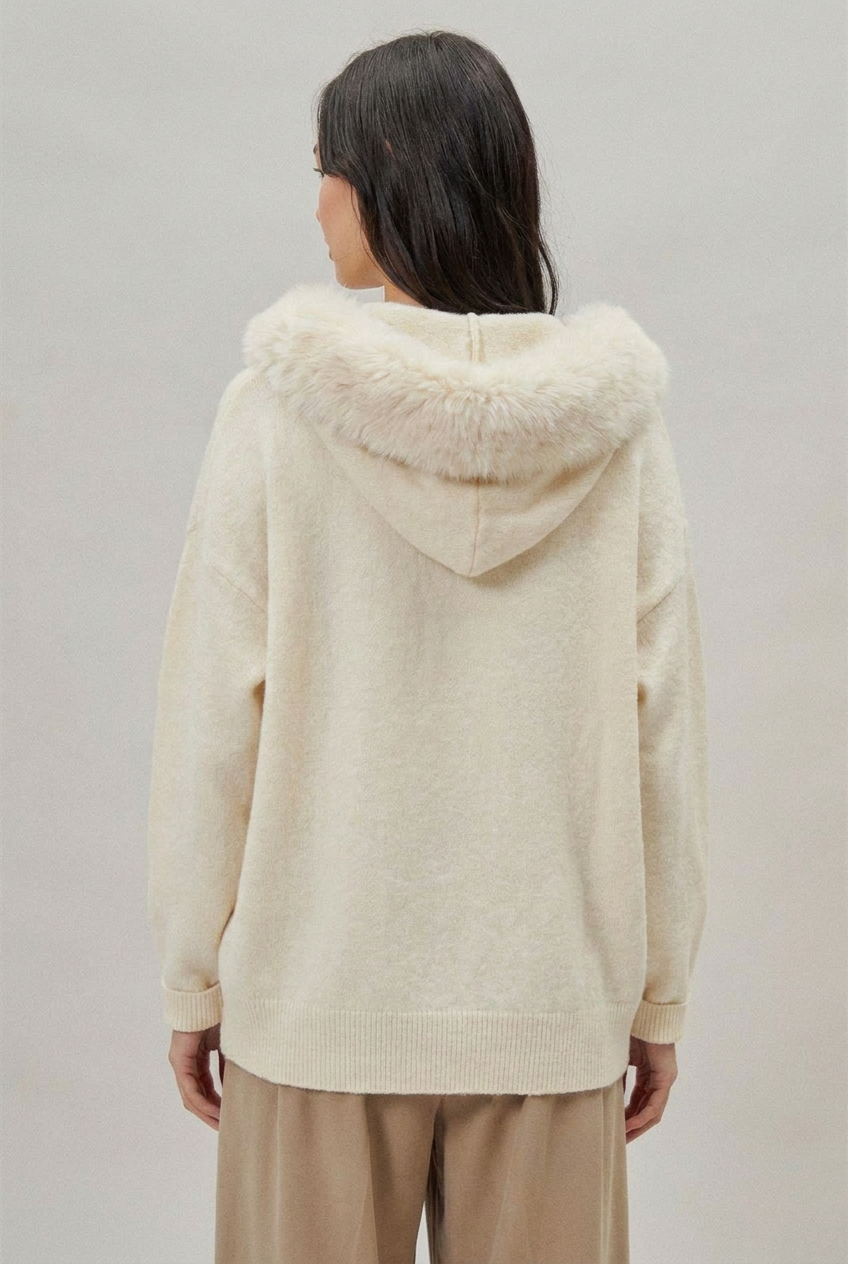 Faux Fur Hood Pom Pom Knit Cardigan