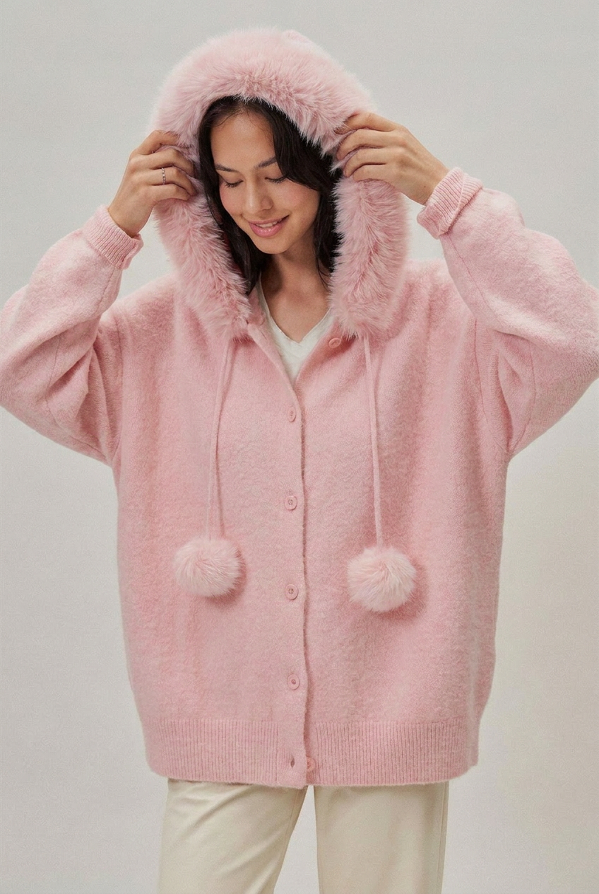 Faux Fur Hood Pom Pom Knit Cardigan