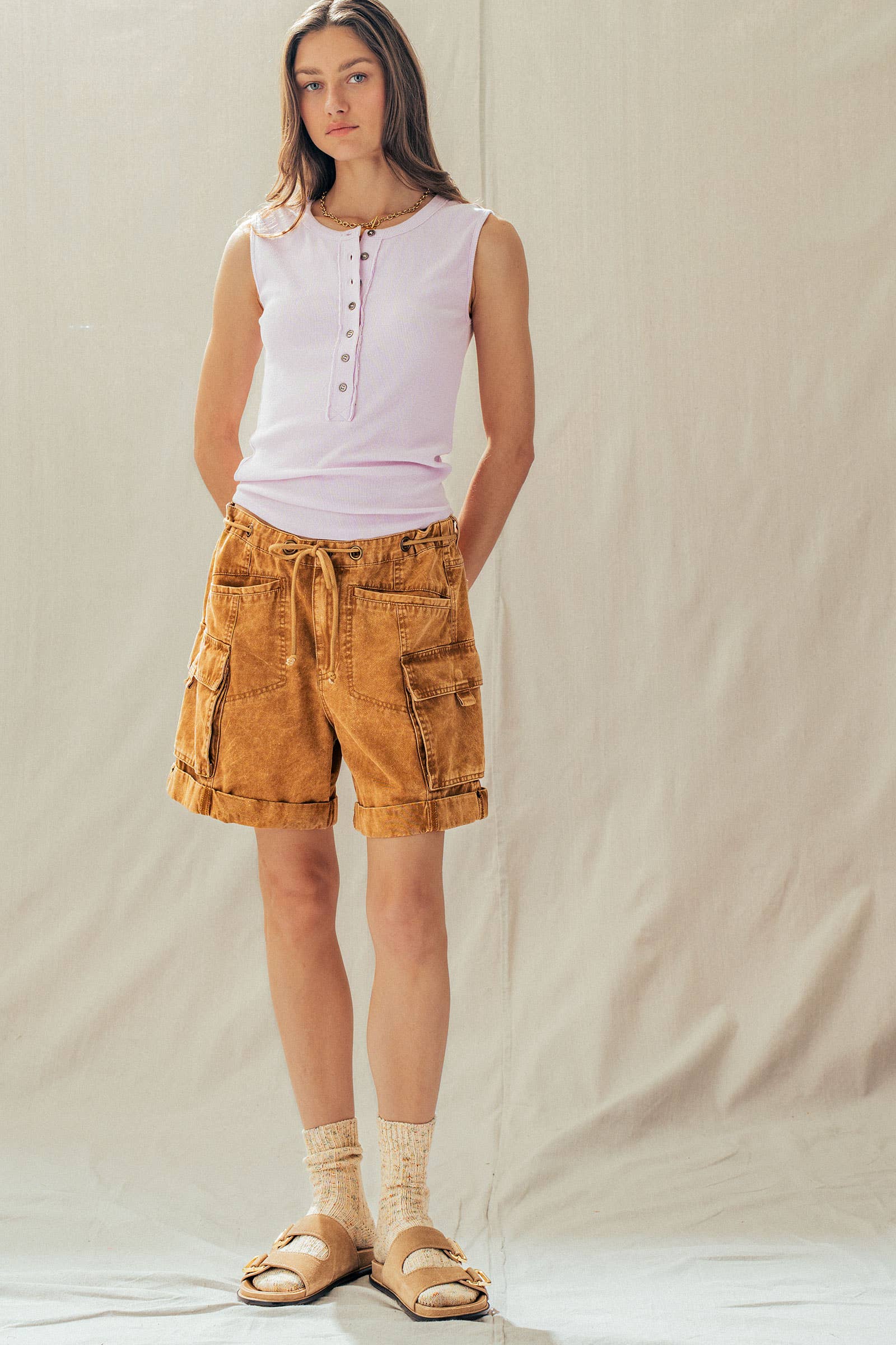 Urban Daizy Mineral Wash Cotton Utility Cargo Shorts Camel Shorts - Women's (UDZ-PT-00485) – alternate view 11