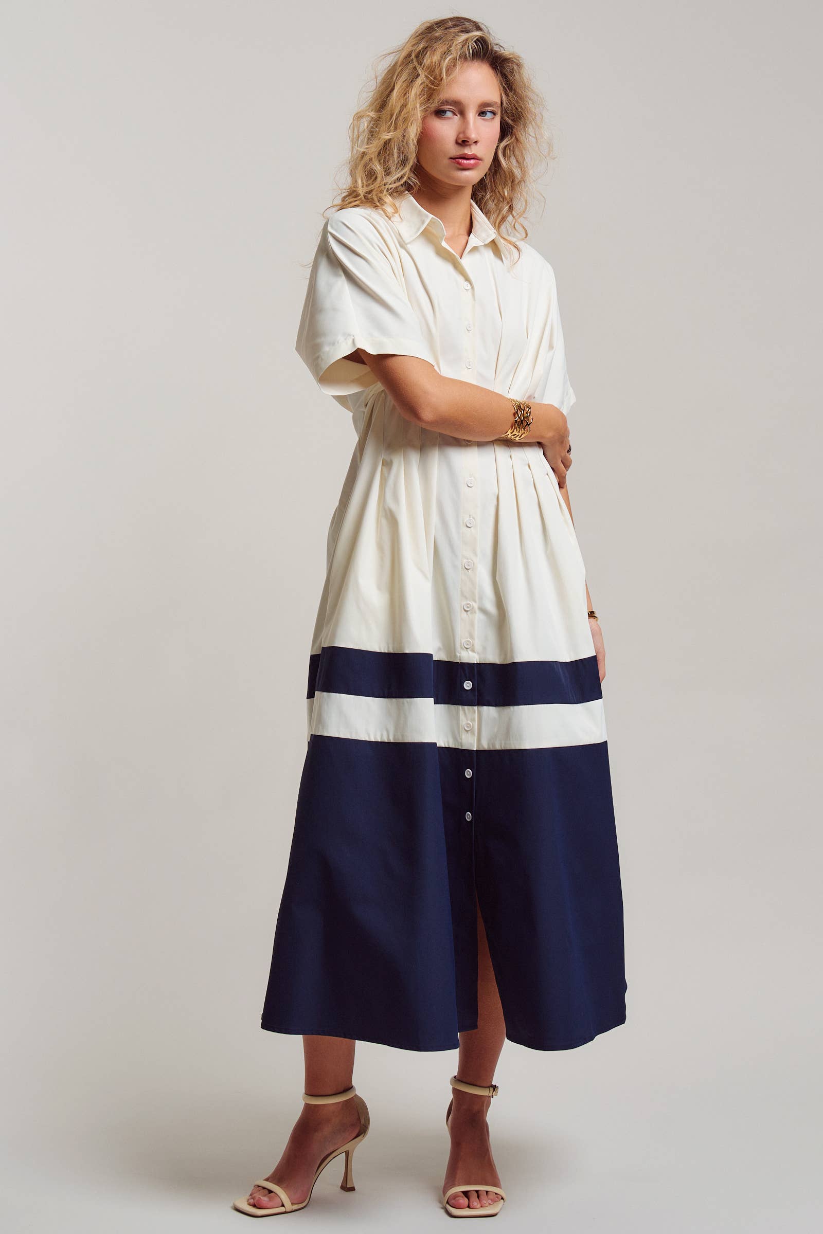 Colorblock Button-Up Cotton Midi Dress