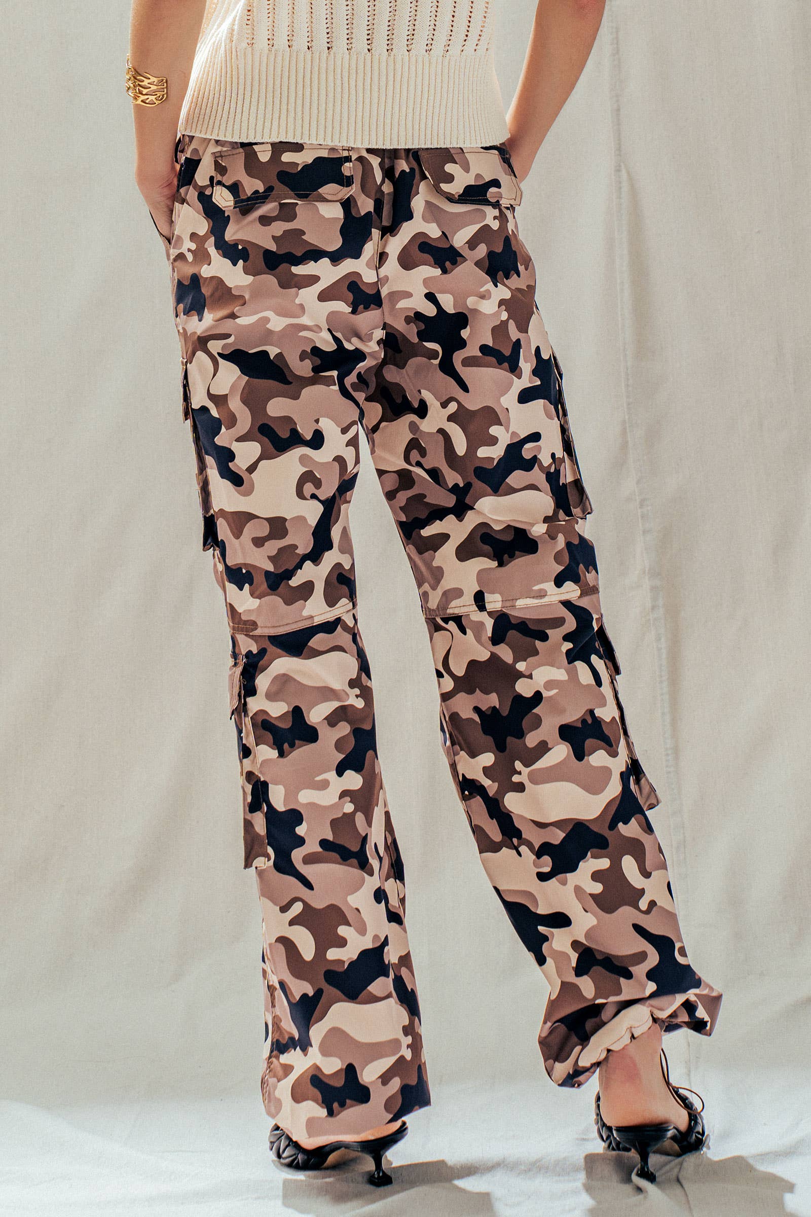 Camo Print Utility Cargo Pants with Drawstring Hem