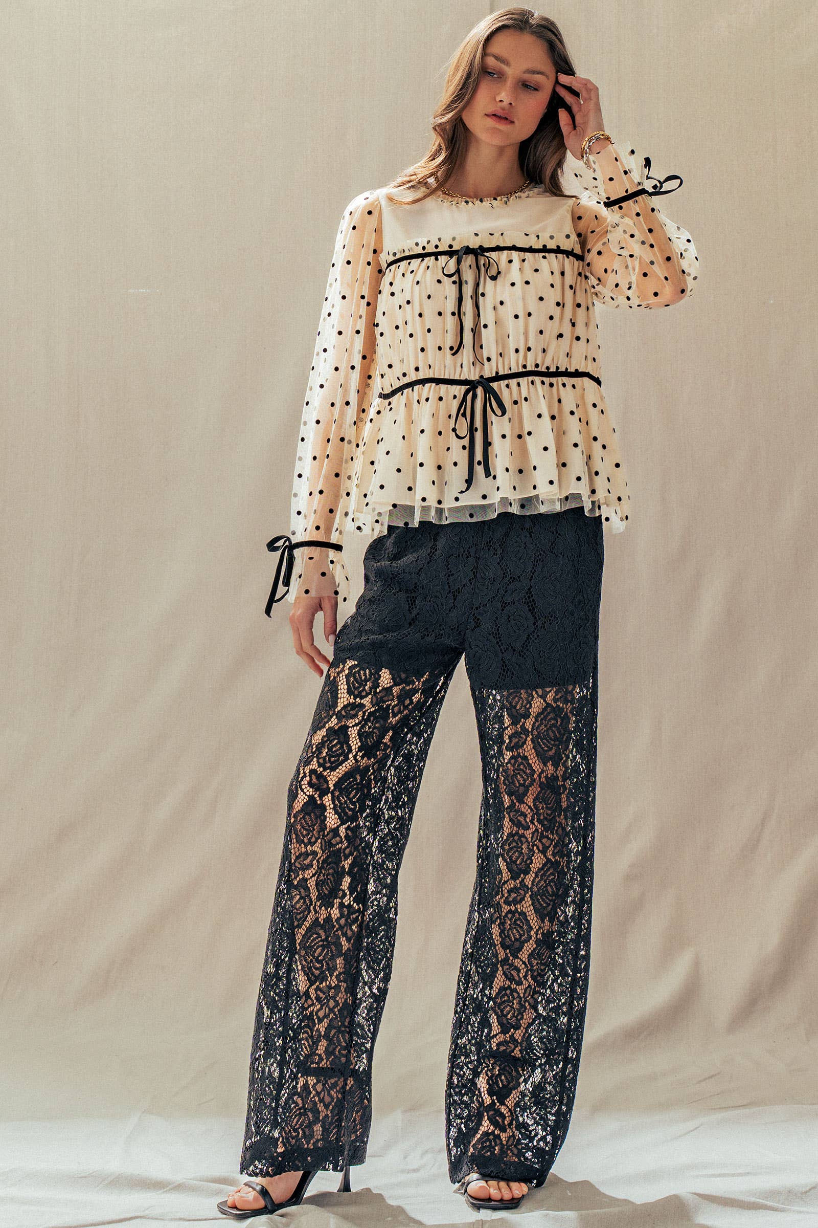 Urban Daizy Polka Dot Mesh Babydoll Top Velvet Bow Tie Ivory-Black Blouse - Women's (UDZ-TP-01052) – alternate view 13