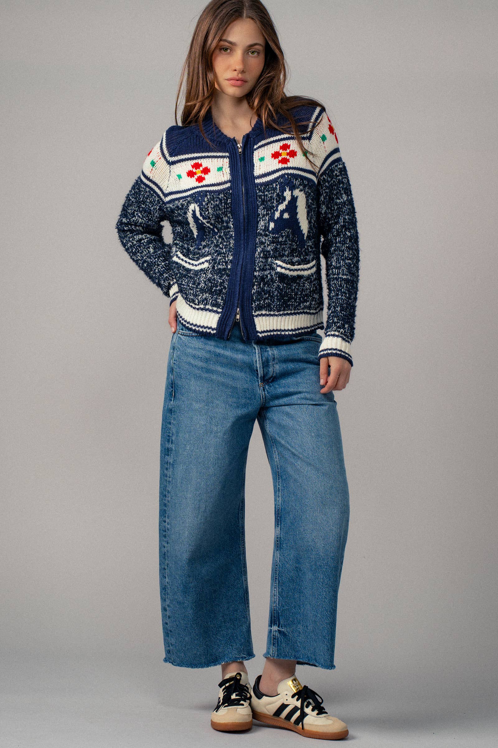 Urban Daizy Floral Yoke Zip-Up Knit Cardigan Navy-Multi Cardigan - Women's (UDZ-TP-00814) – alternate view 10
