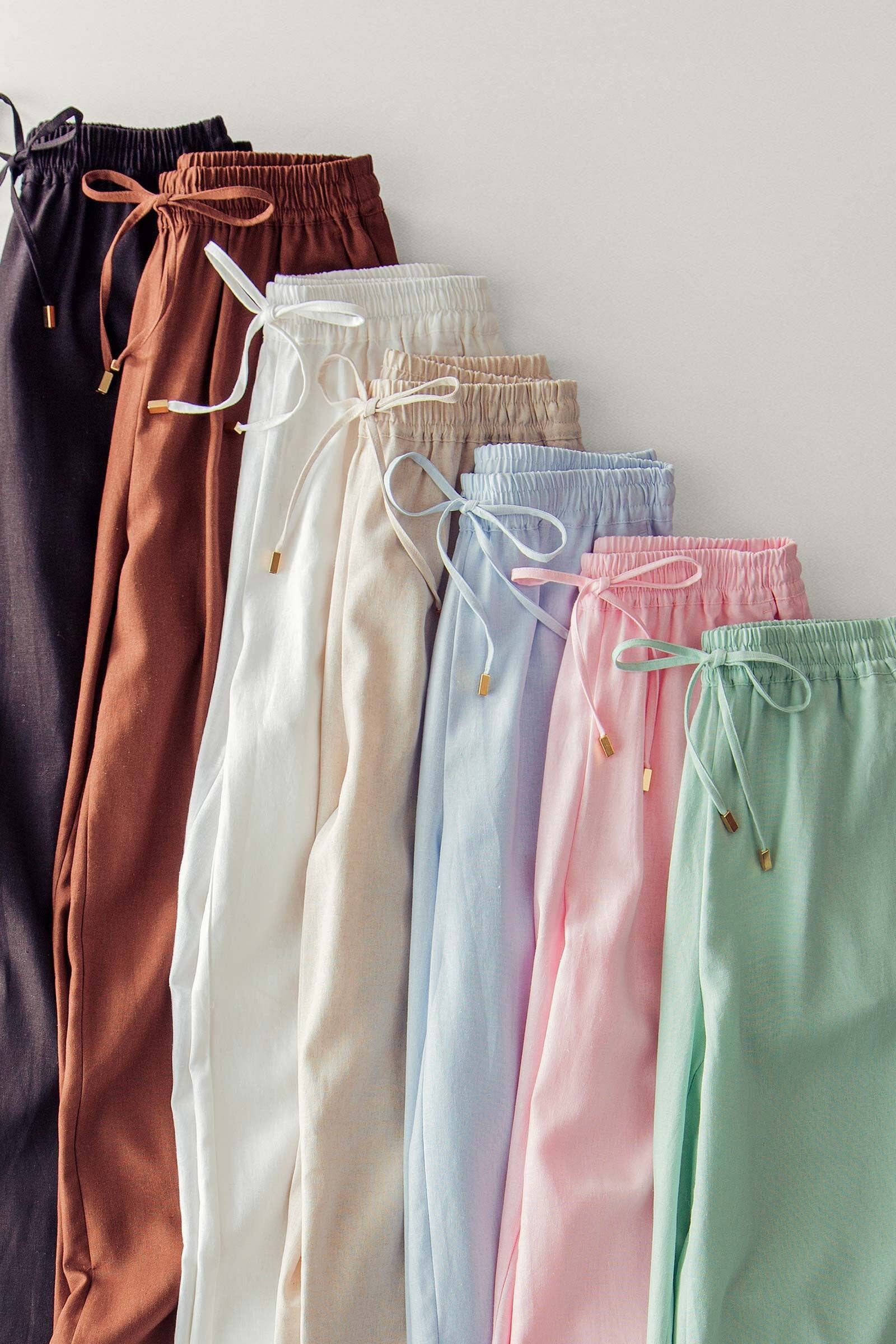 Linen Blend Wide Leg Pants Drawstring Waist