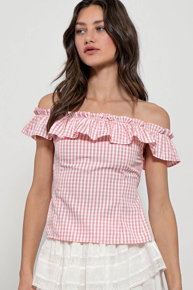 Urban Daizy Gingham Ruffle Off-Shoulder Crop Top Pink Blouse - Women's (UDZ-TP-01034) – alternate view 32