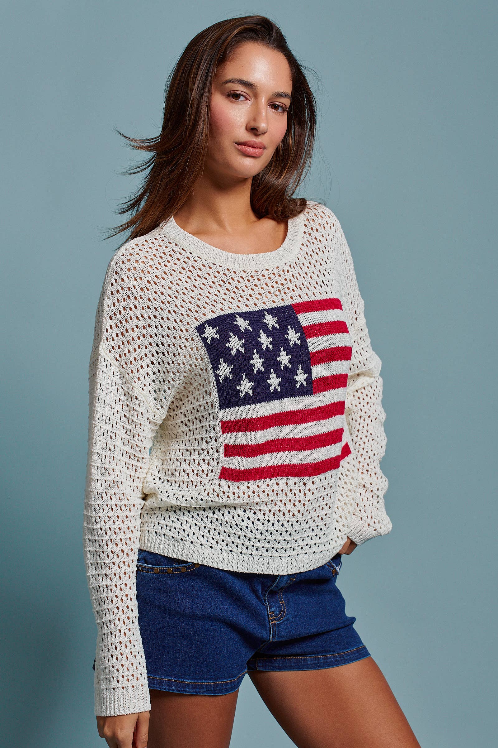 American Flag Patch Open Knit Cotton Sweater