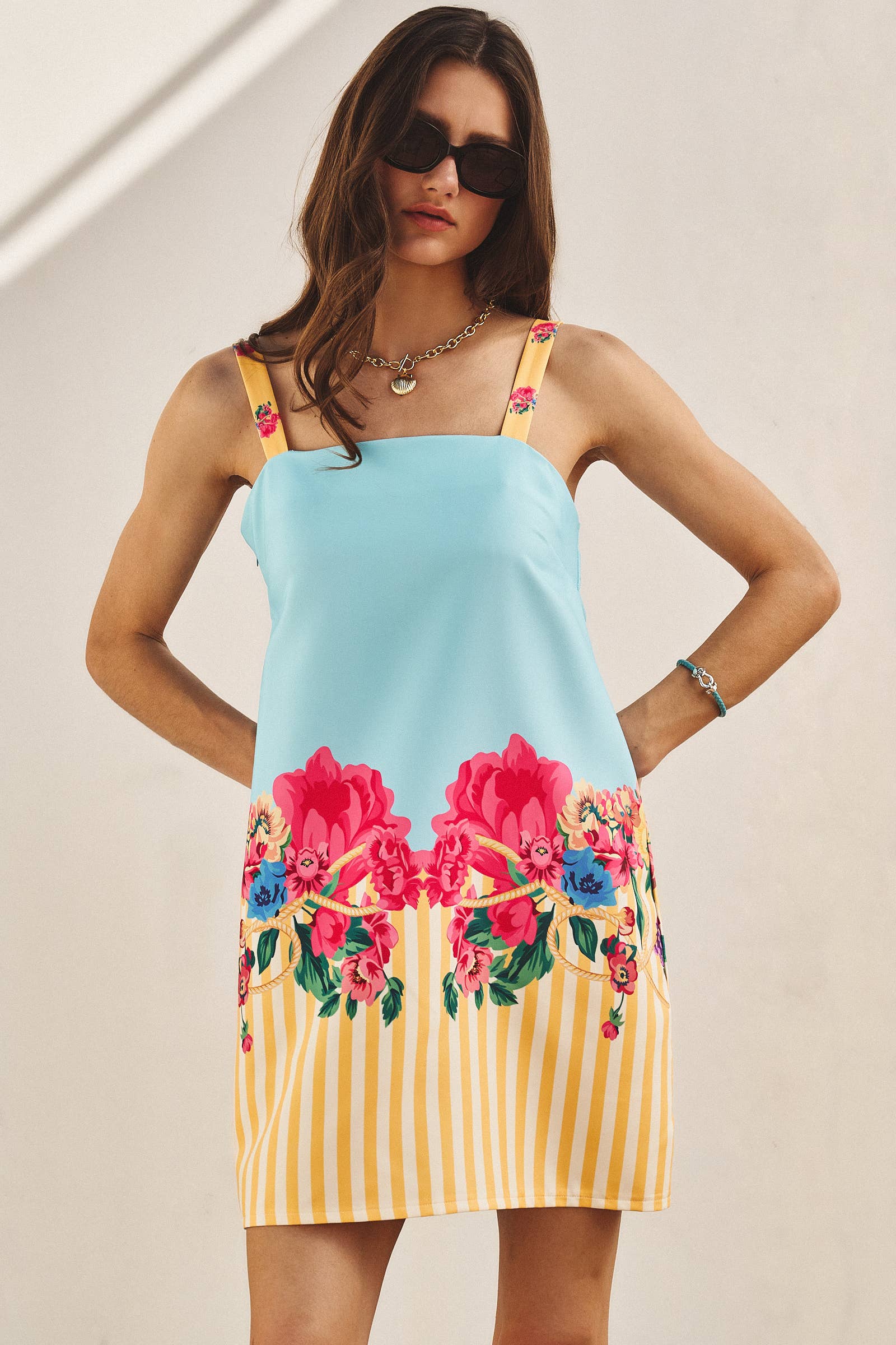 Floral & Stripe Mixed Print Satin Mini Dress