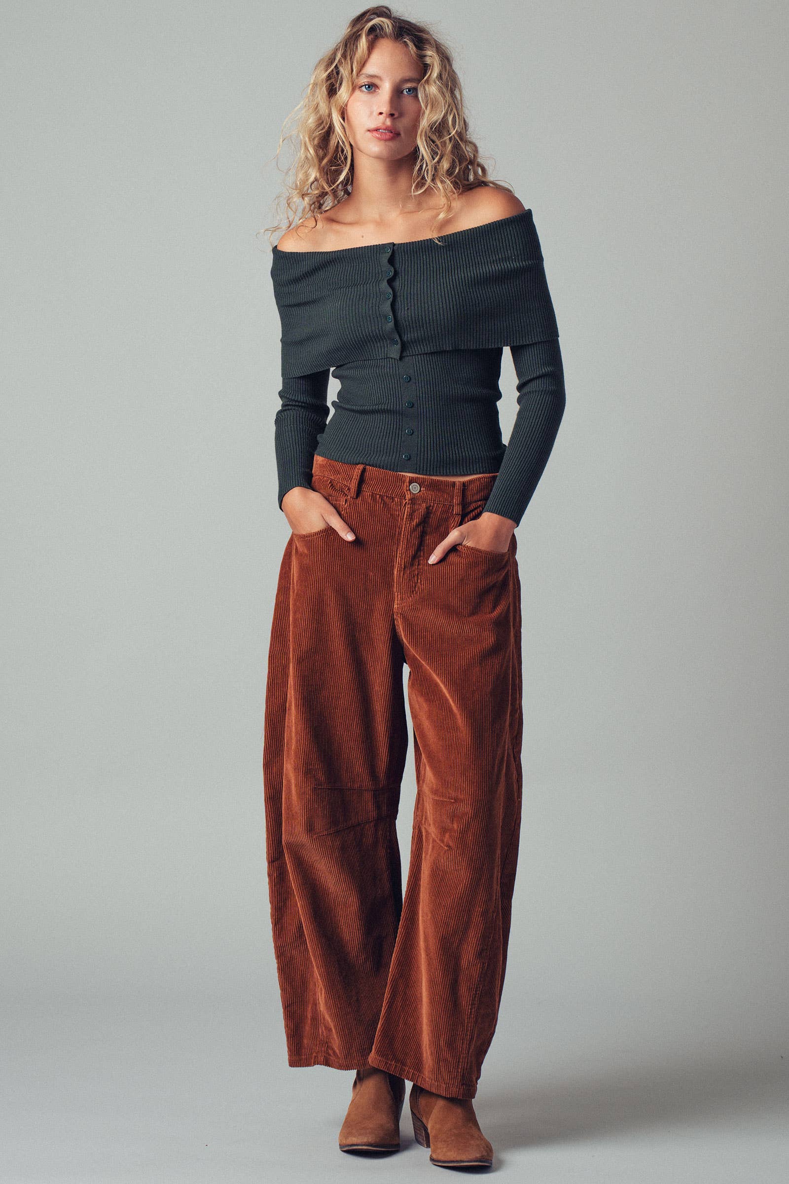 Urban Daizy Inseam Stitch Detail Corduroy Barrel Jeans Brown Pants - Women's (UDZ-PT-00313) – alternate view 13