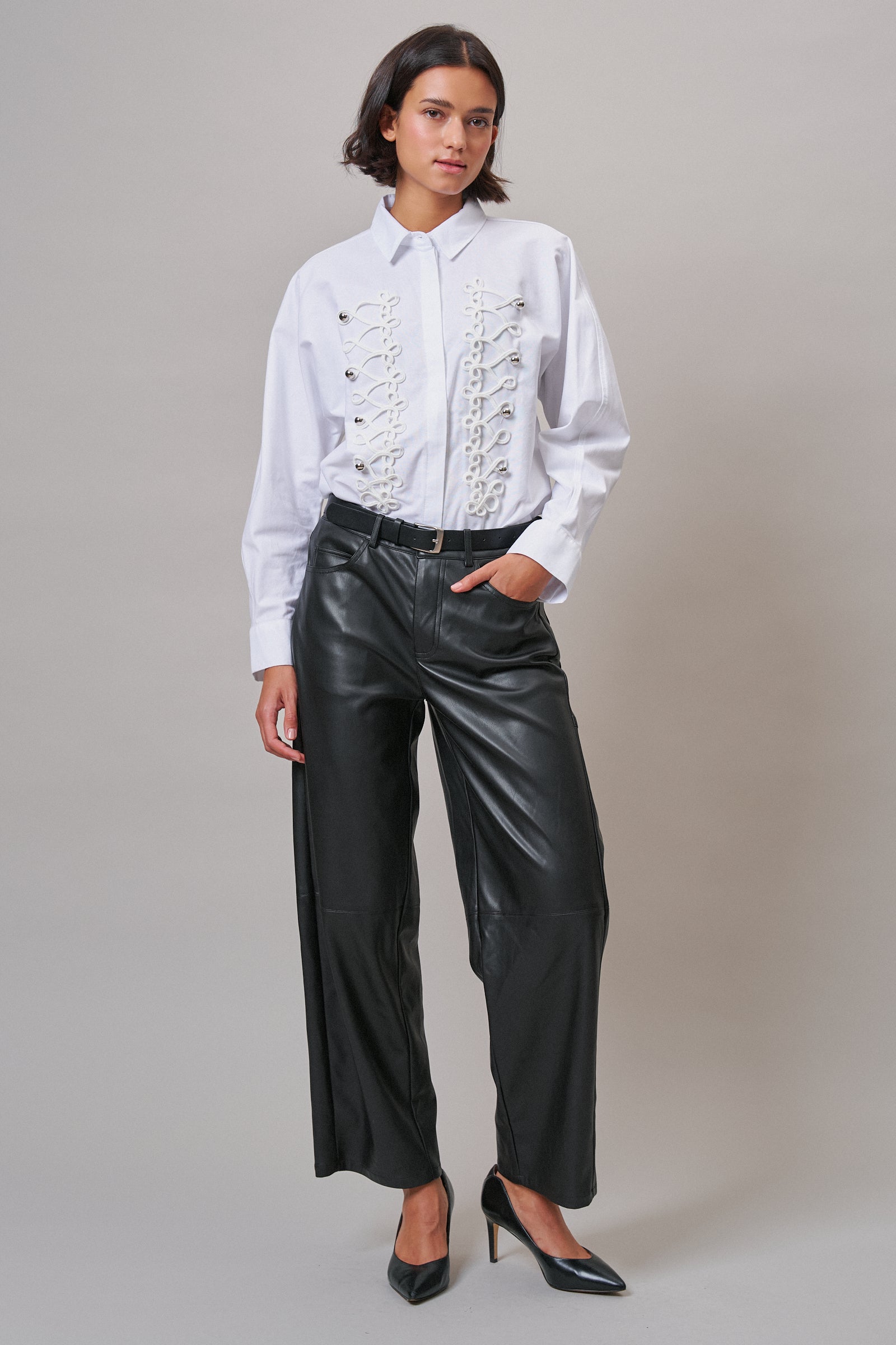 Faux Leather Barrel Leg Pant with Pockets