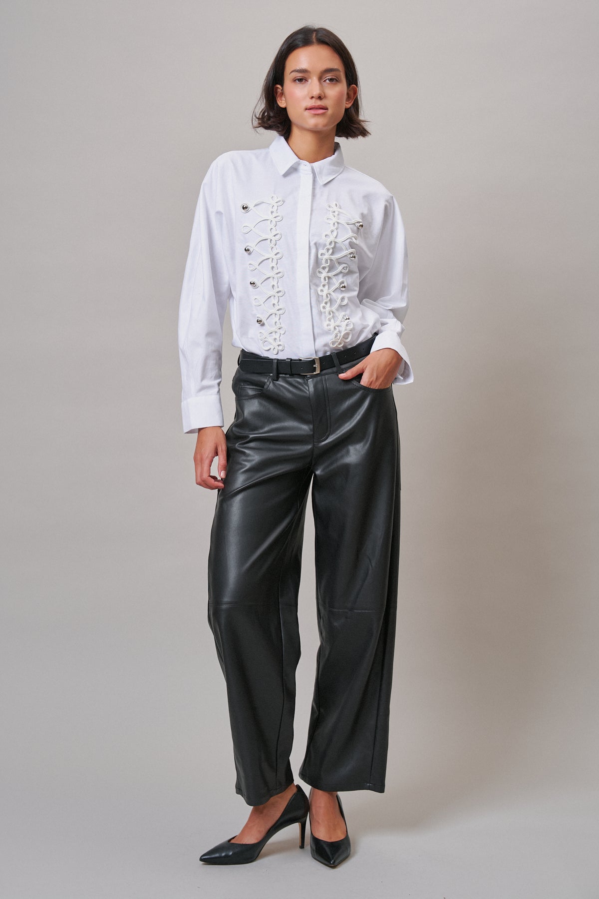 Faux Leather Barrel Leg Pant with Pockets