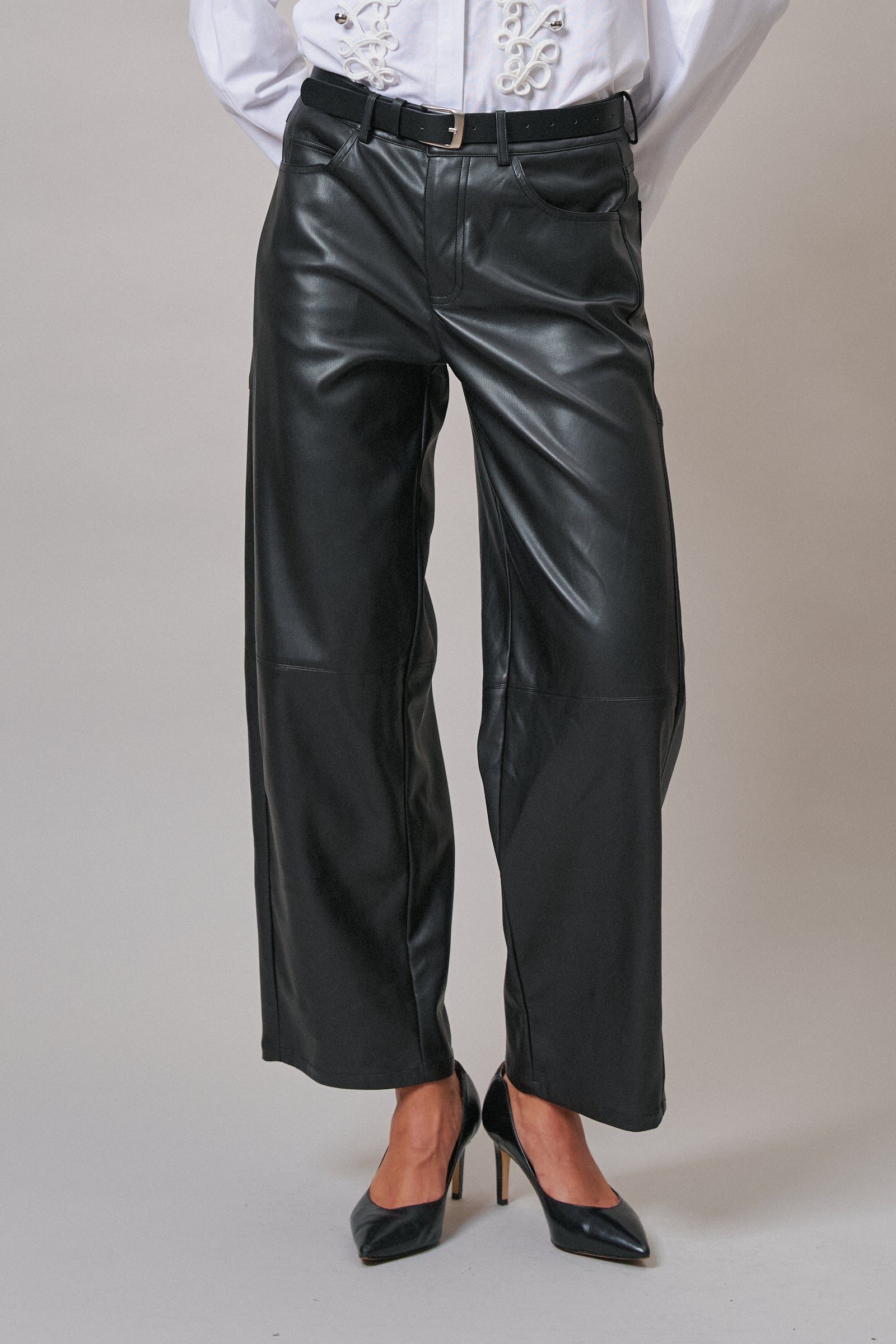 Faux Leather Barrel Leg Pant with Pockets