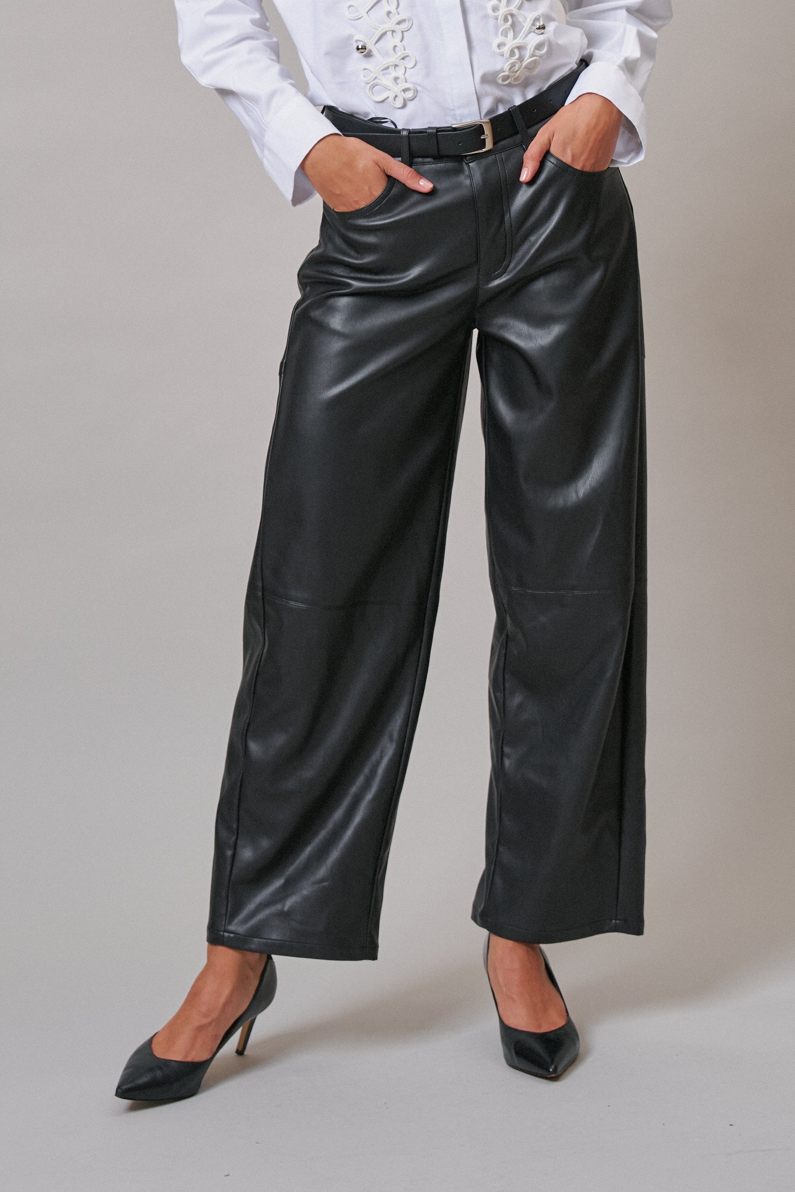 Faux Leather Barrel Leg Pant with Pockets