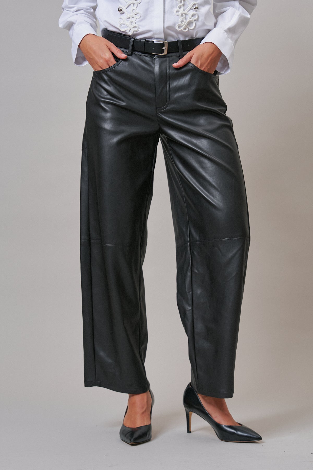 Faux Leather Barrel Leg Pant with Pockets
