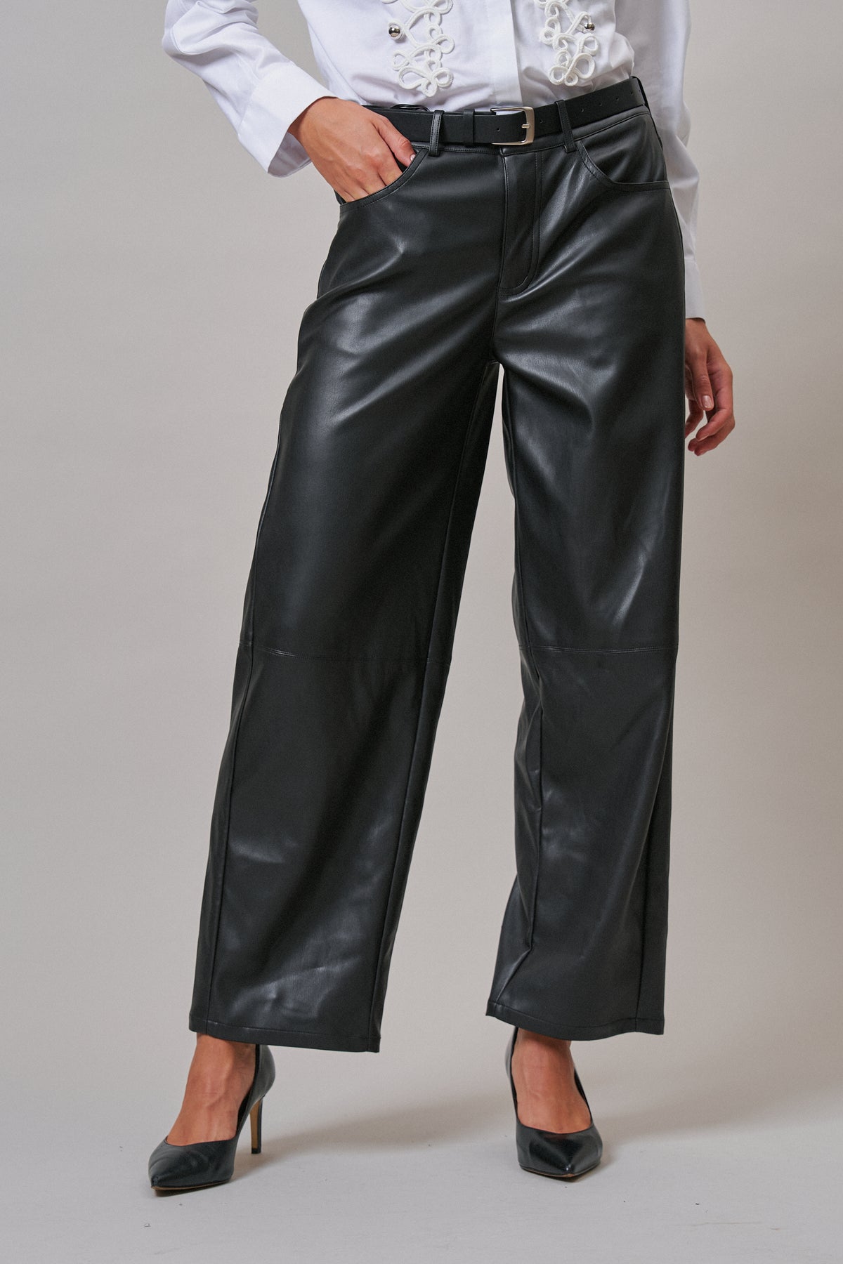 Faux Leather Barrel Leg Pant with Pockets