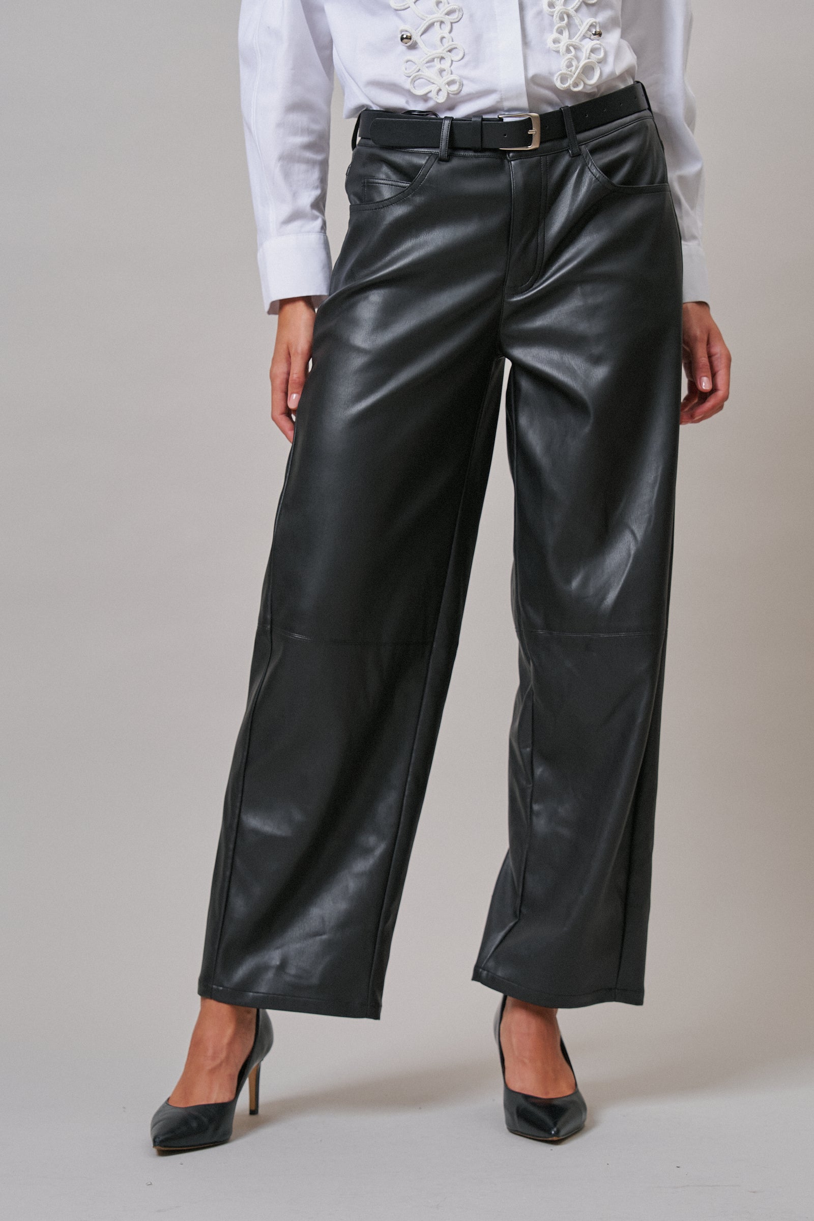 Faux Leather Barrel Leg Pant with Pockets