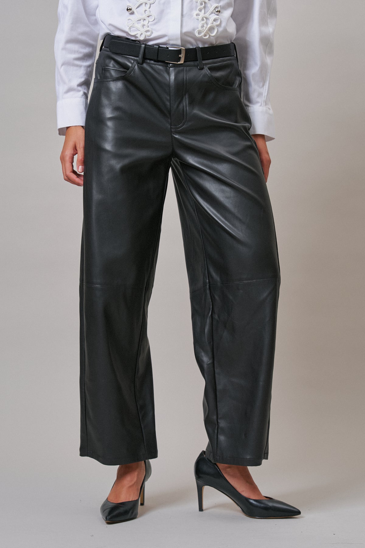Faux Leather Barrel Leg Pant with Pockets