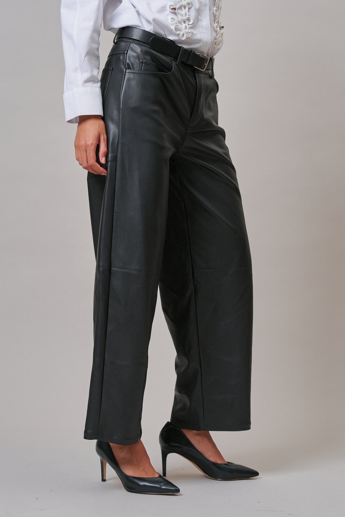 Faux Leather Barrel Leg Pant with Pockets
