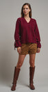 Multicolor Dot Stitch V-Neck Tie Sleeve Sweater