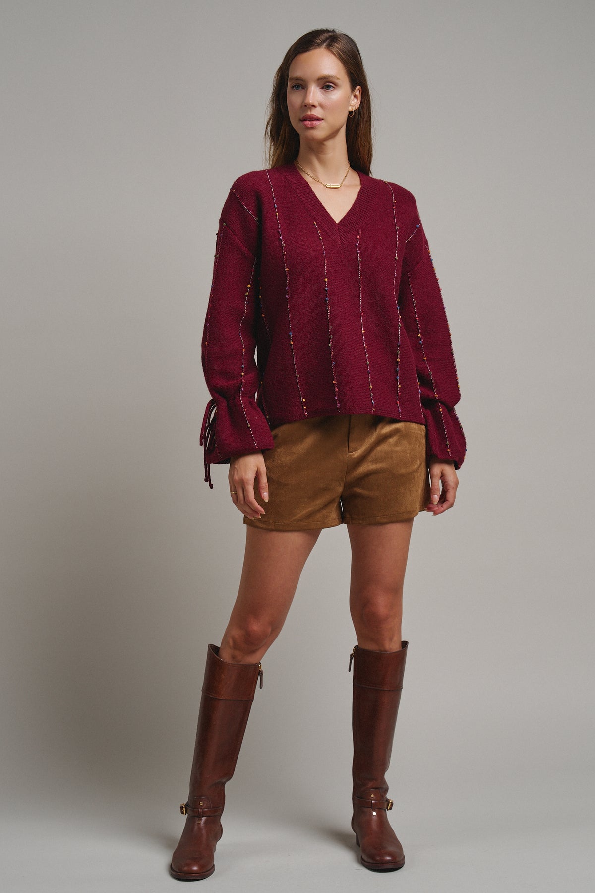 Multicolor Dot Stitch V-Neck Tie Sleeve Sweater