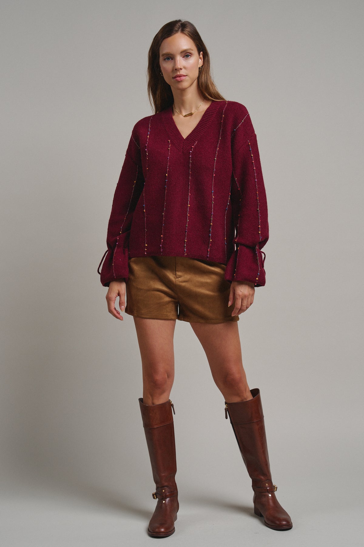Multicolor Dot Stitch V-Neck Tie Sleeve Sweater