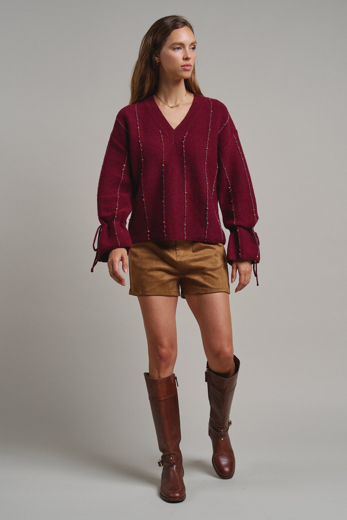 Multicolor Dot Stitch V-Neck Tie Sleeve Sweater