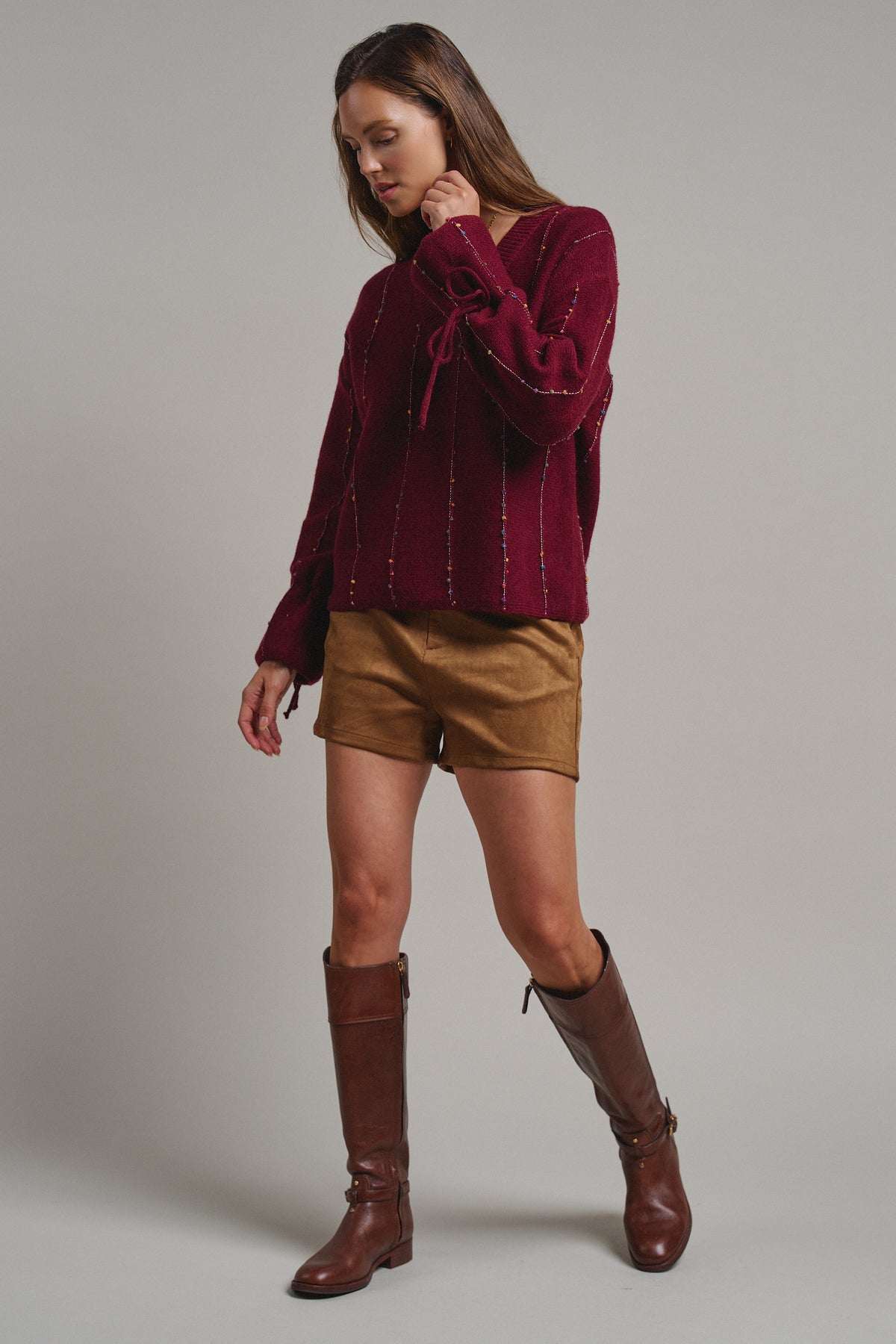 Multicolor Dot Stitch V-Neck Tie Sleeve Sweater