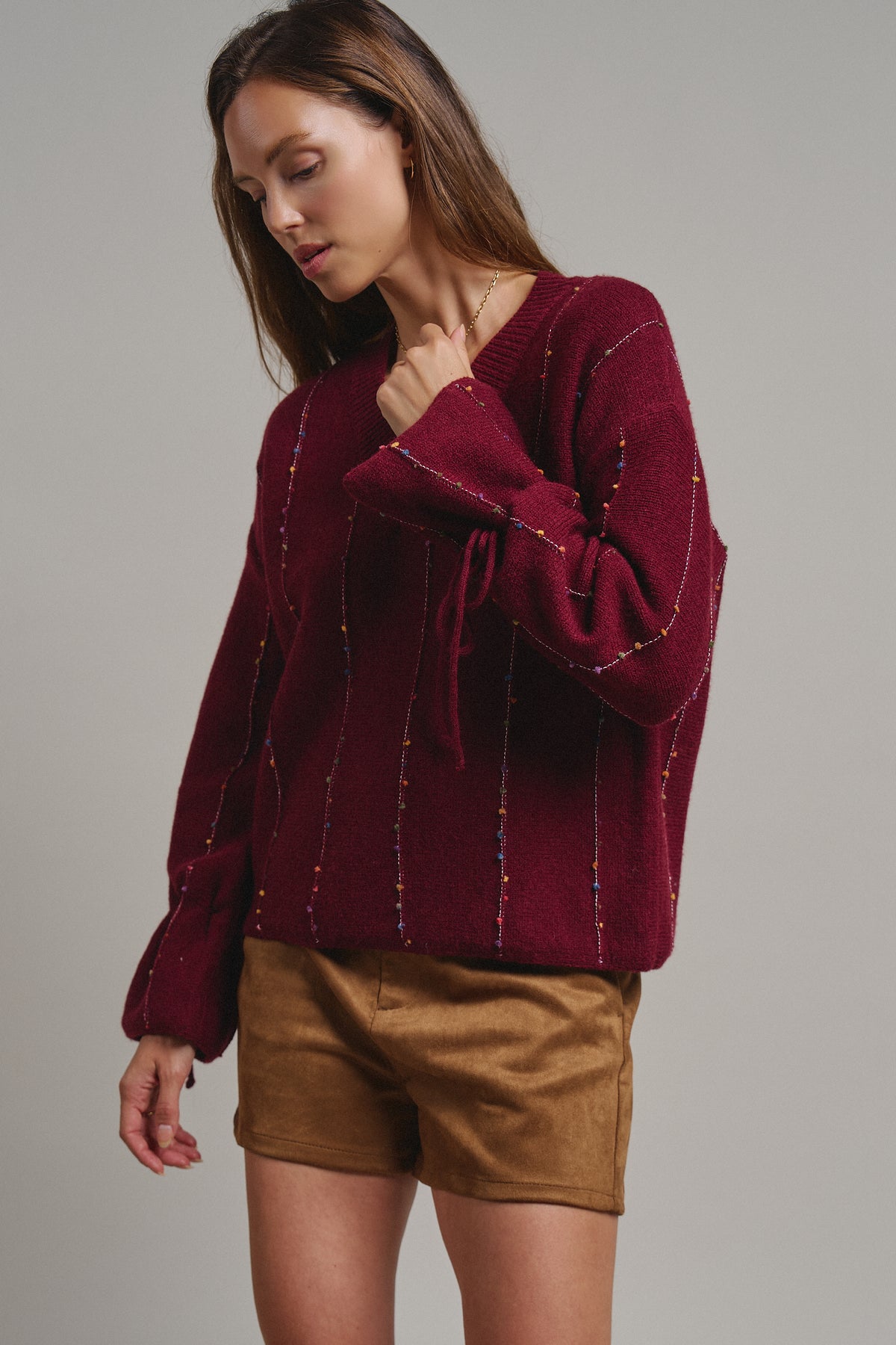 Multicolor Dot Stitch V-Neck Tie Sleeve Sweater