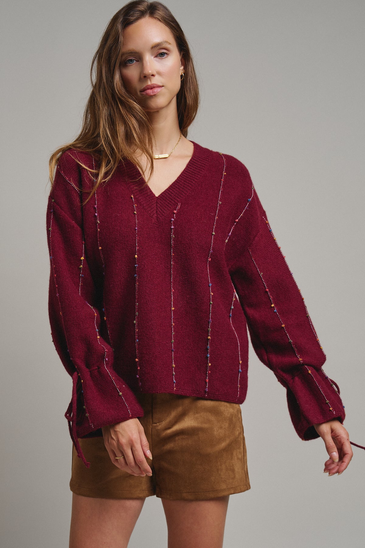 Multicolor Dot Stitch V-Neck Tie Sleeve Sweater