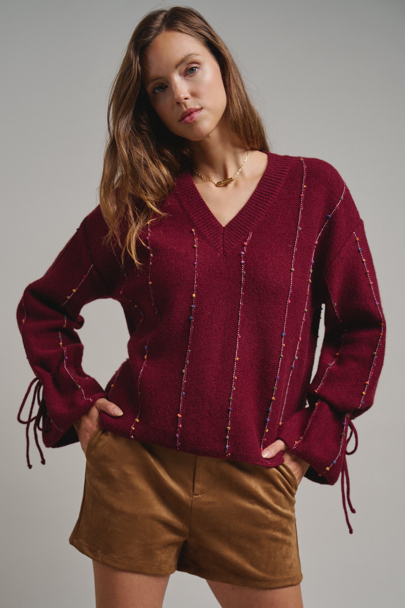 Multicolor Dot Stitch V-Neck Tie Sleeve Sweater