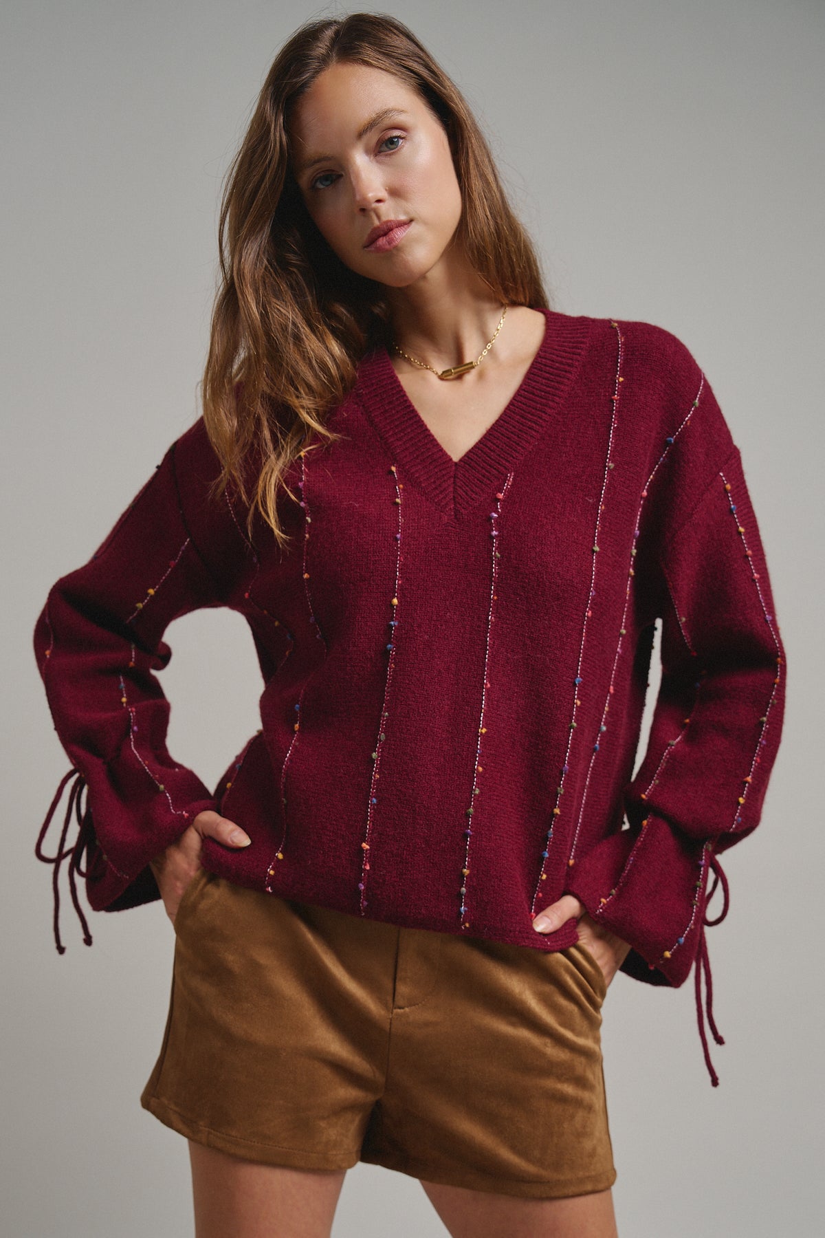 Multicolor Dot Stitch V-Neck Tie Sleeve Sweater
