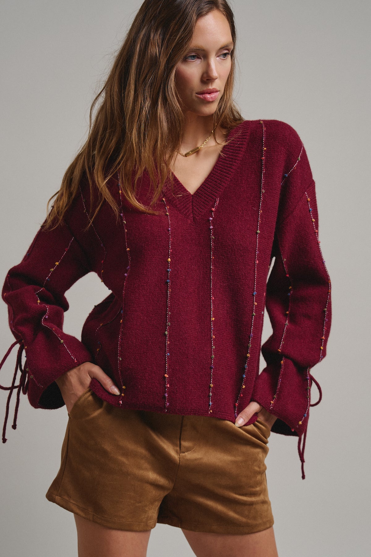 Multicolor Dot Stitch V-Neck Tie Sleeve Sweater