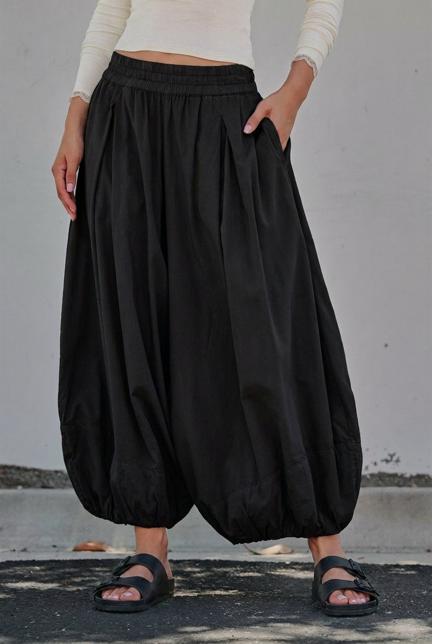 Balloon Hem Wide Leg Cotton Pants