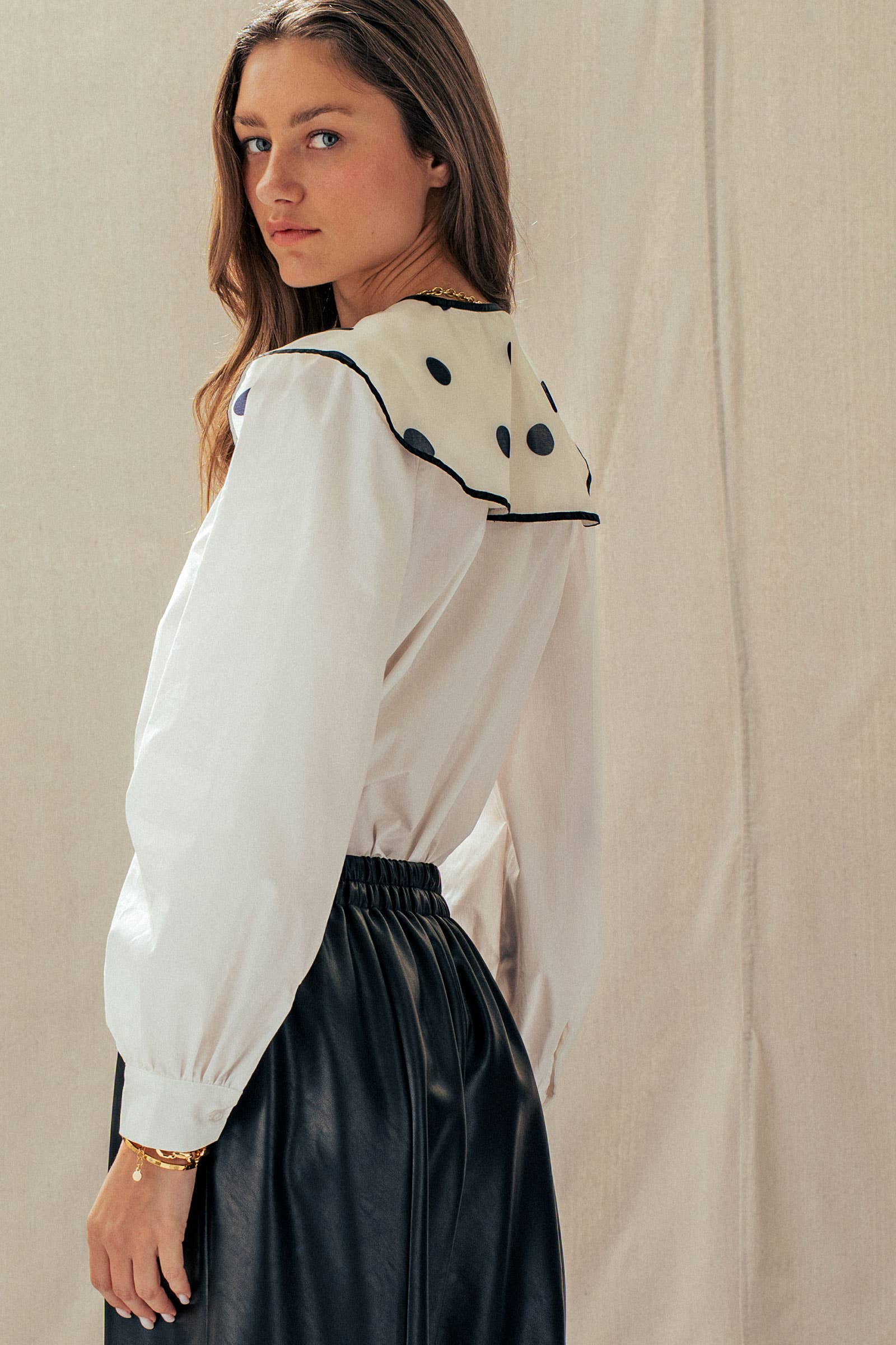 Urban Daizy Polka Dot Statement Collar Tie-Neck Shirt Cream Button Down Shirt - Women's (UDZ-TP-01066) – alternate view 5