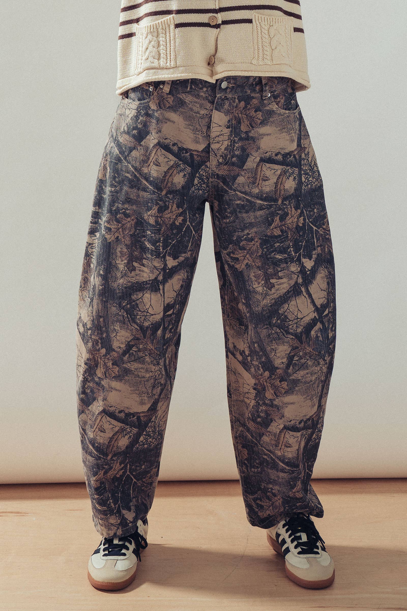 Forest Camo Print Barrel Leg Jeans