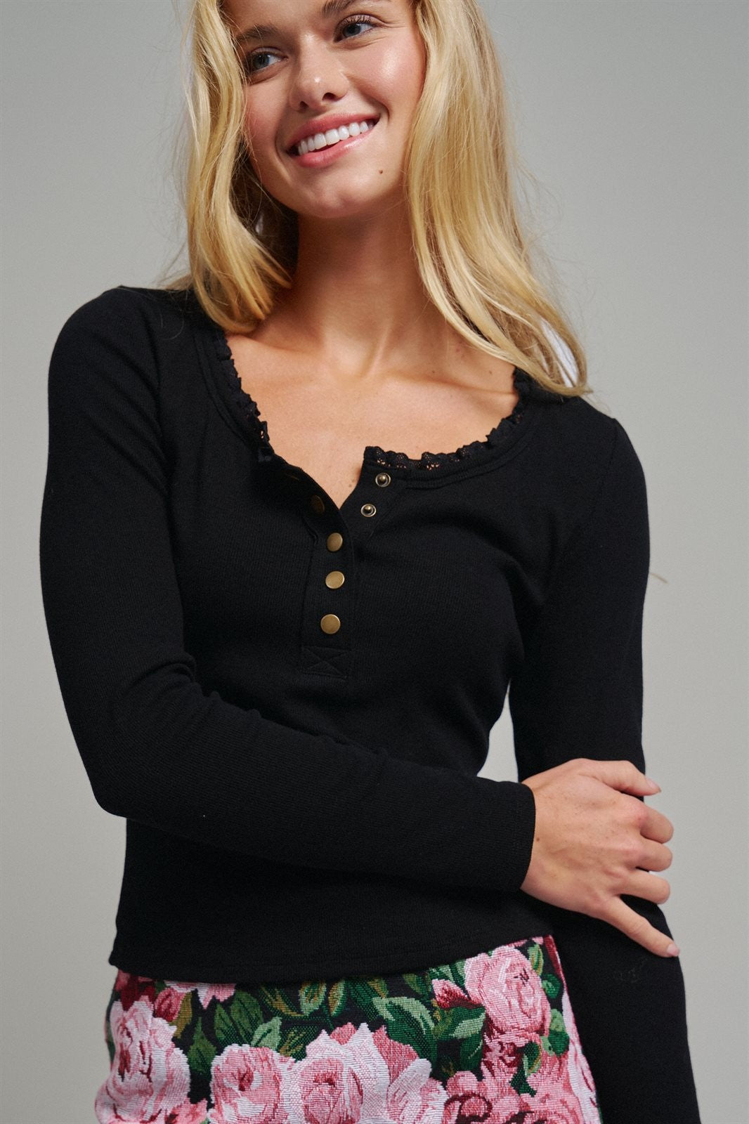 Ribbed Henley Top with Crochet Trim Neckline in BLACK - Women's T-Shirts & Polos | Urban Daizy