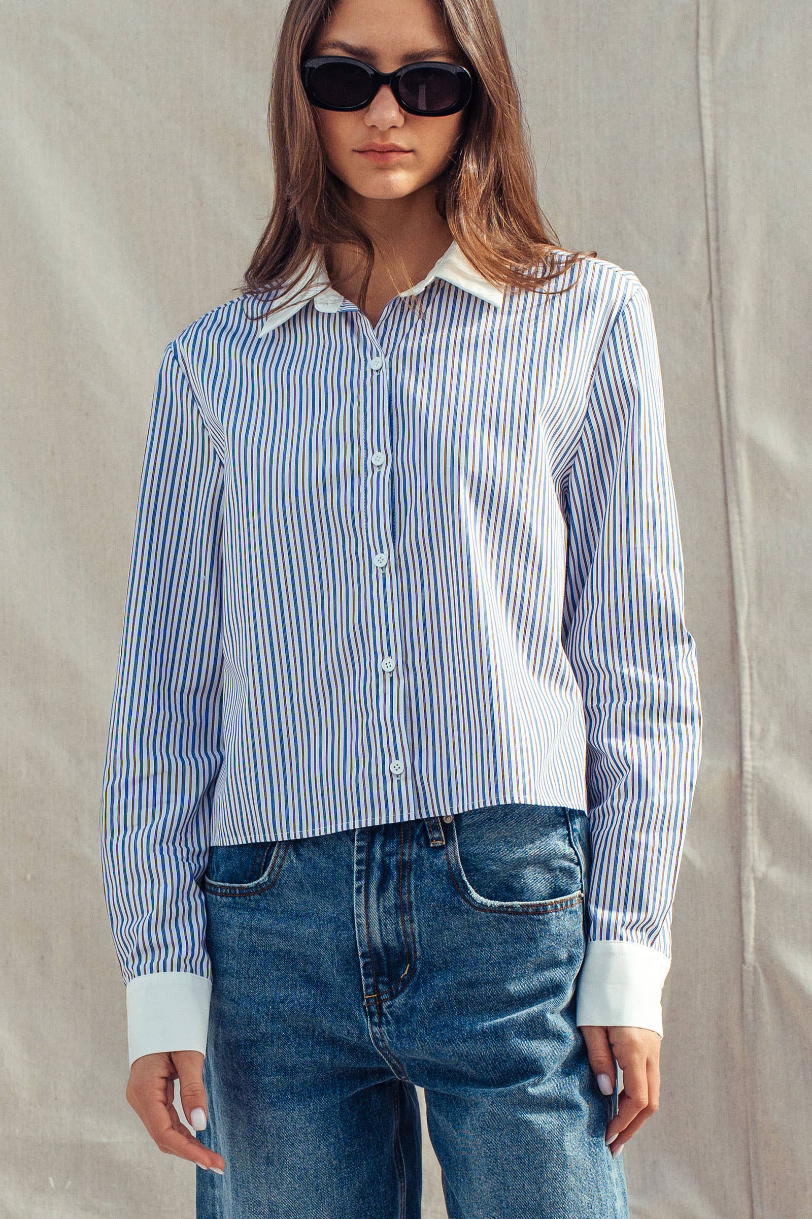 Stripe Contrast Collar Button Down Shirt