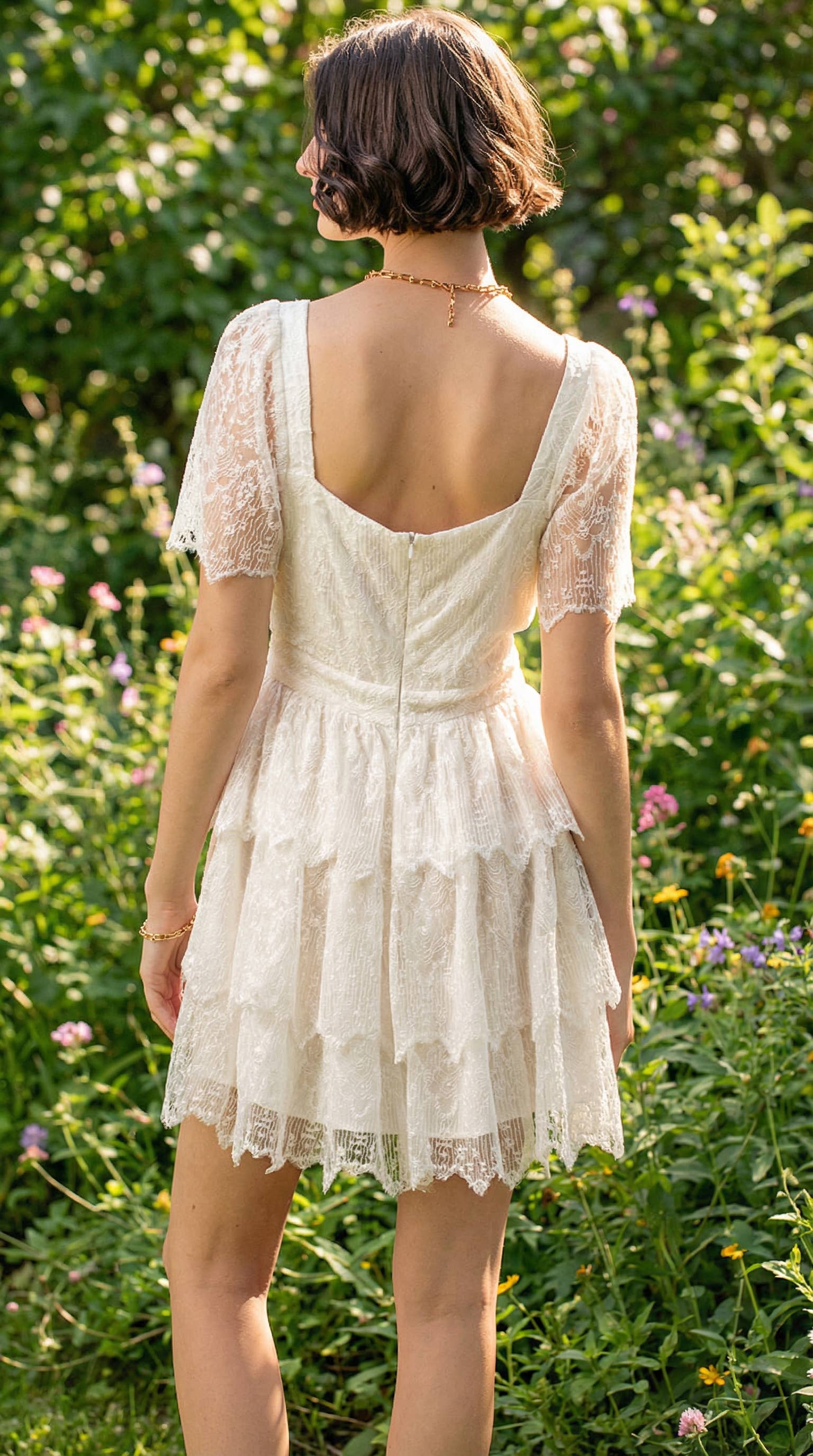 Tiered Lace Mini Dress with Corset Bodice and Puff Sleeves