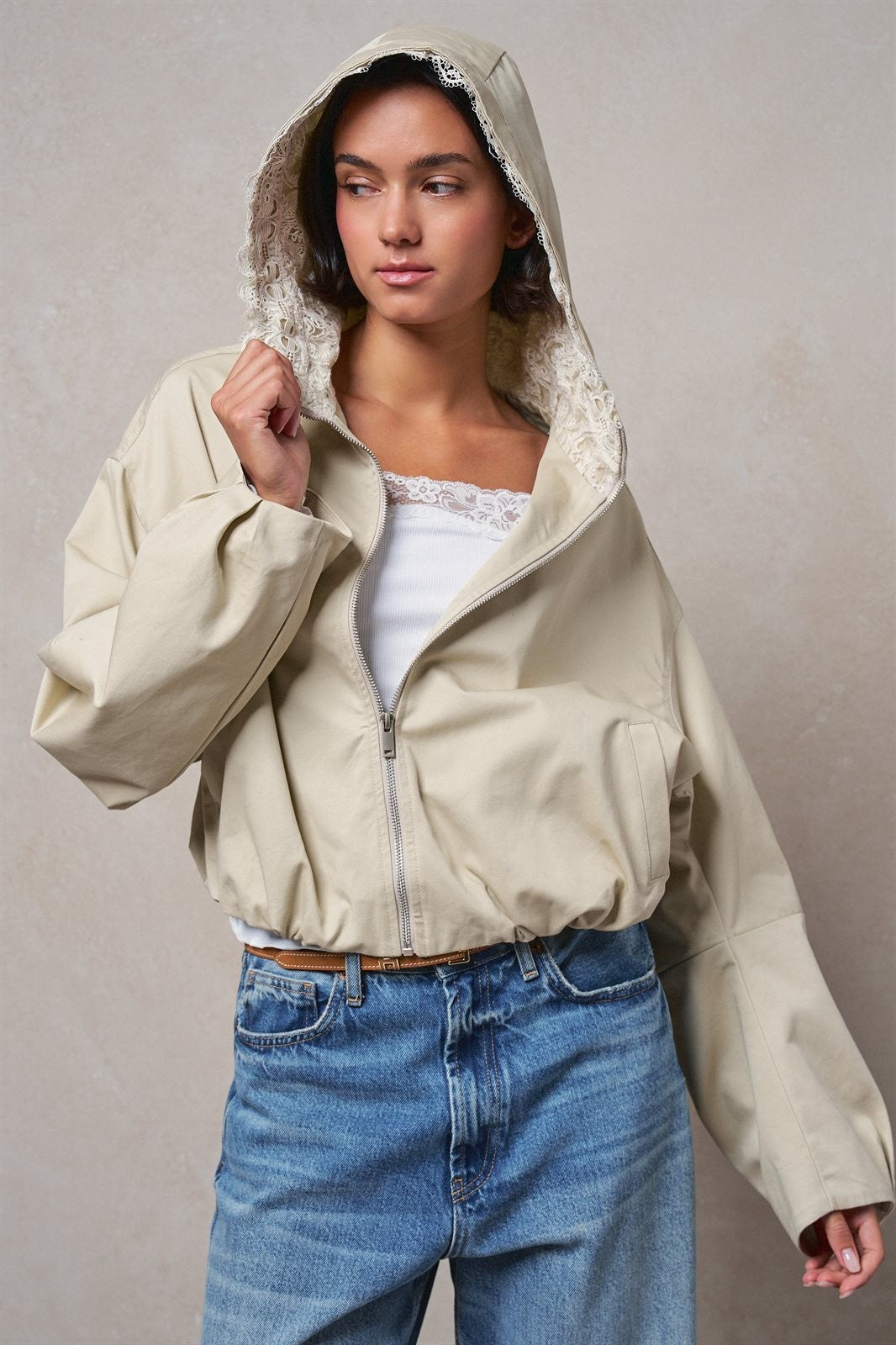 Oversized Hooded Zip-Front Cotton Jacket in KHAKI - Women's Jackets & Blazers | Urban Daizy
