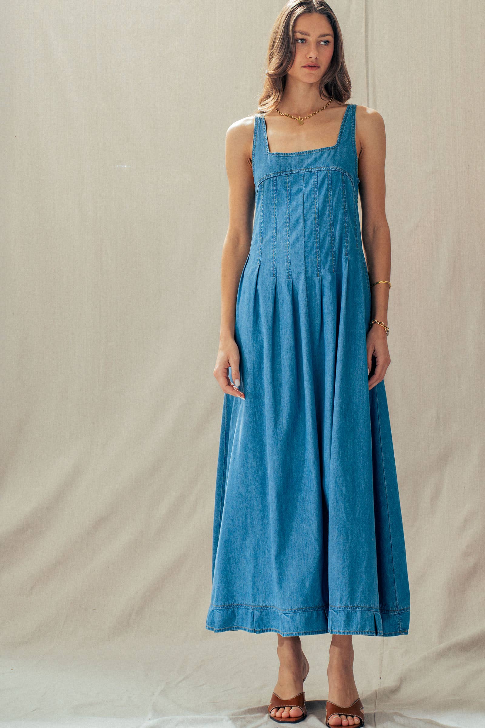 Smocked Back Denim Maxi Dress